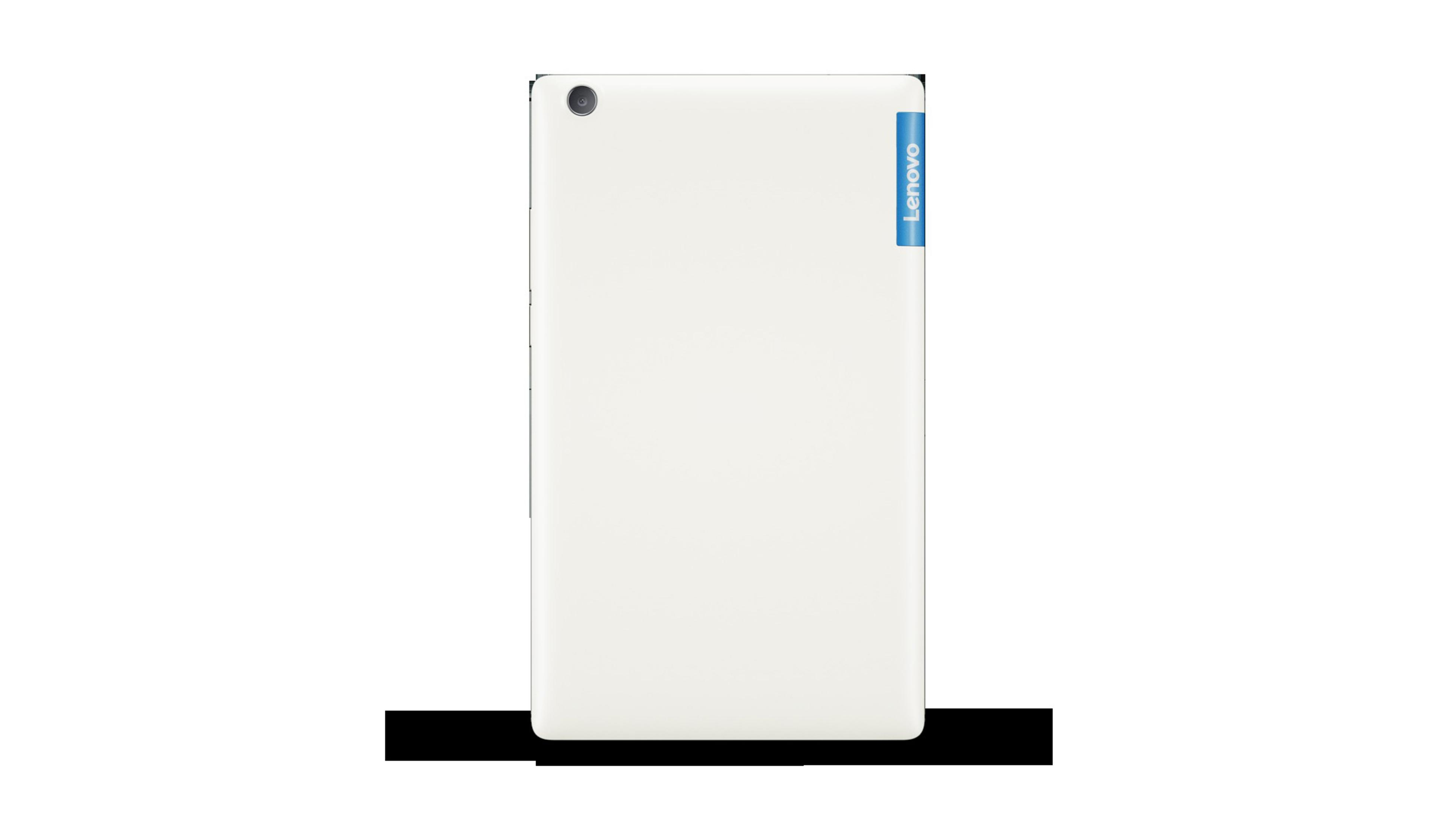 Weißes Tablet, Rückansicht, mit Lenovo-Logo. Weißer Hintergrund.