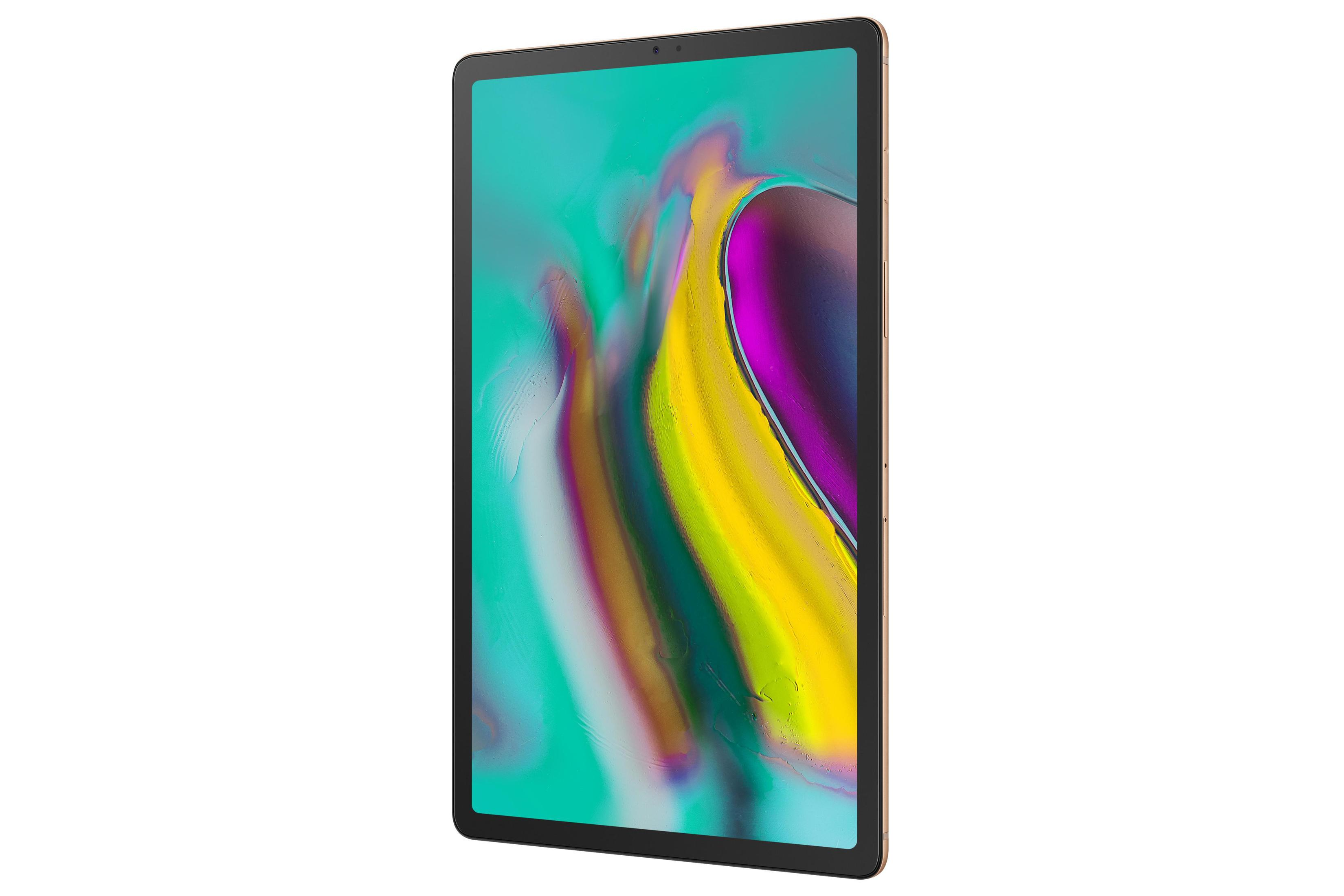 Ein Tablet mit goldenem Rahmen und farbenfrohem Display. Der Bildschirm zeigt ein lebendiges Bild.