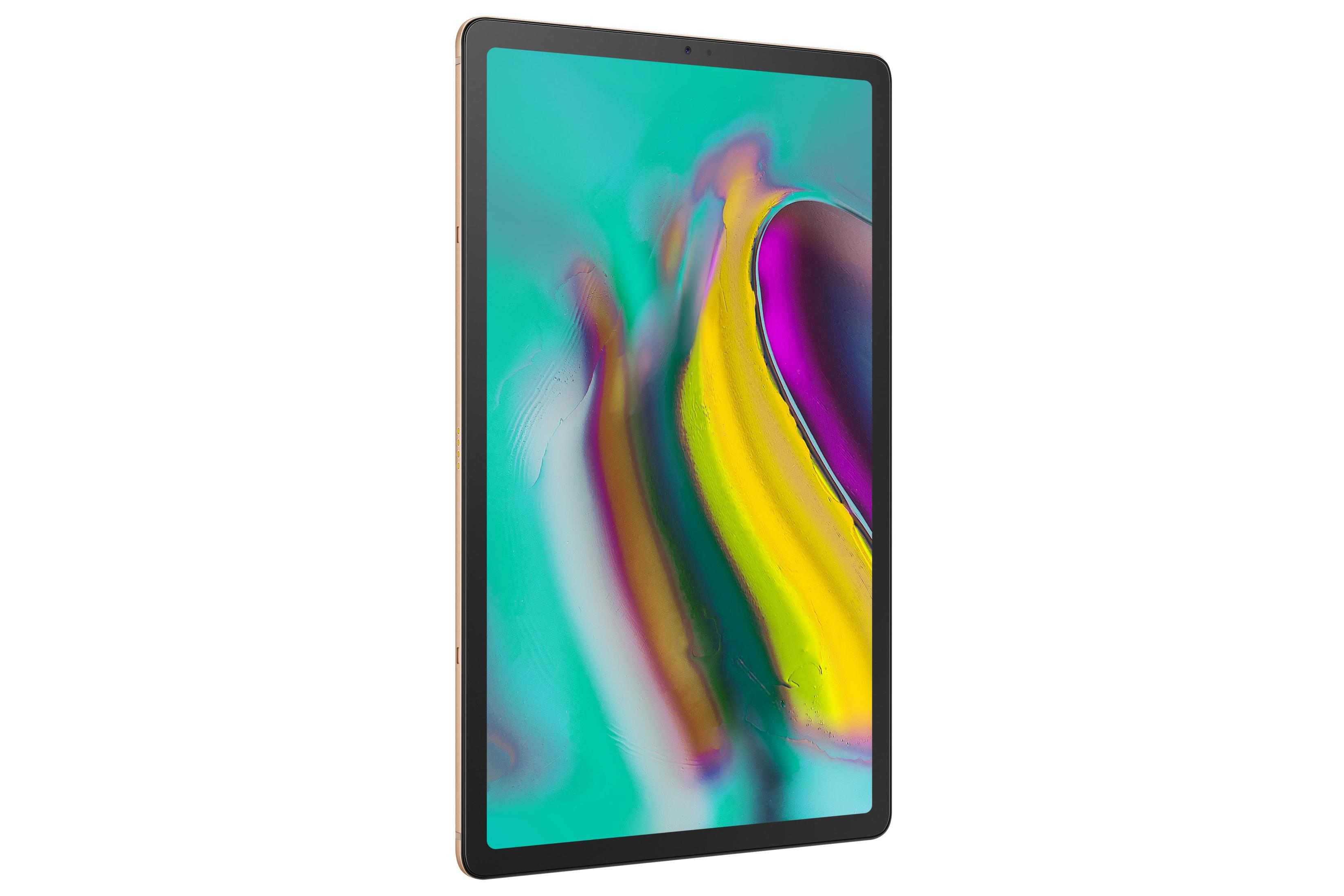 Samsung Tablet, goldener Rahmen, auf Weiß. Der Bildschirm zeigt ein farbenfrohes abstraktes Bild.