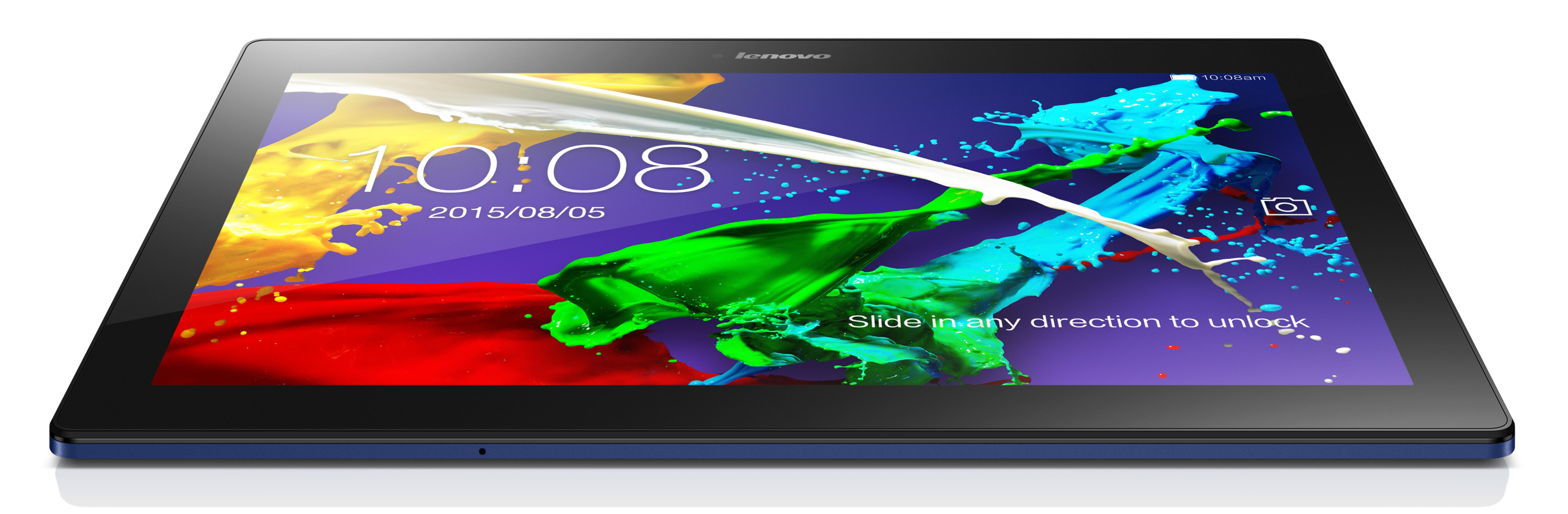 Lenovo Tablet mit einem lebendigen Bildschirm, der farbenfrohe Farbspritzer zeigt. Das Tablet ist blau.
