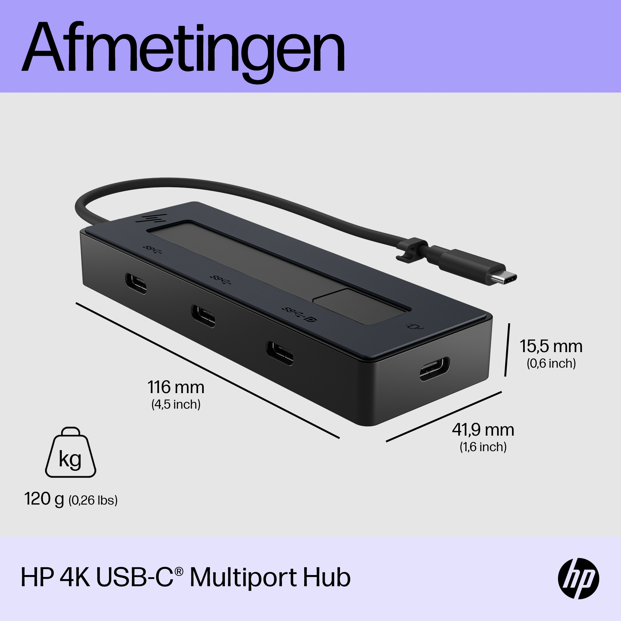Czarny hub USB-C z wieloma portami z wymiarami i logo.