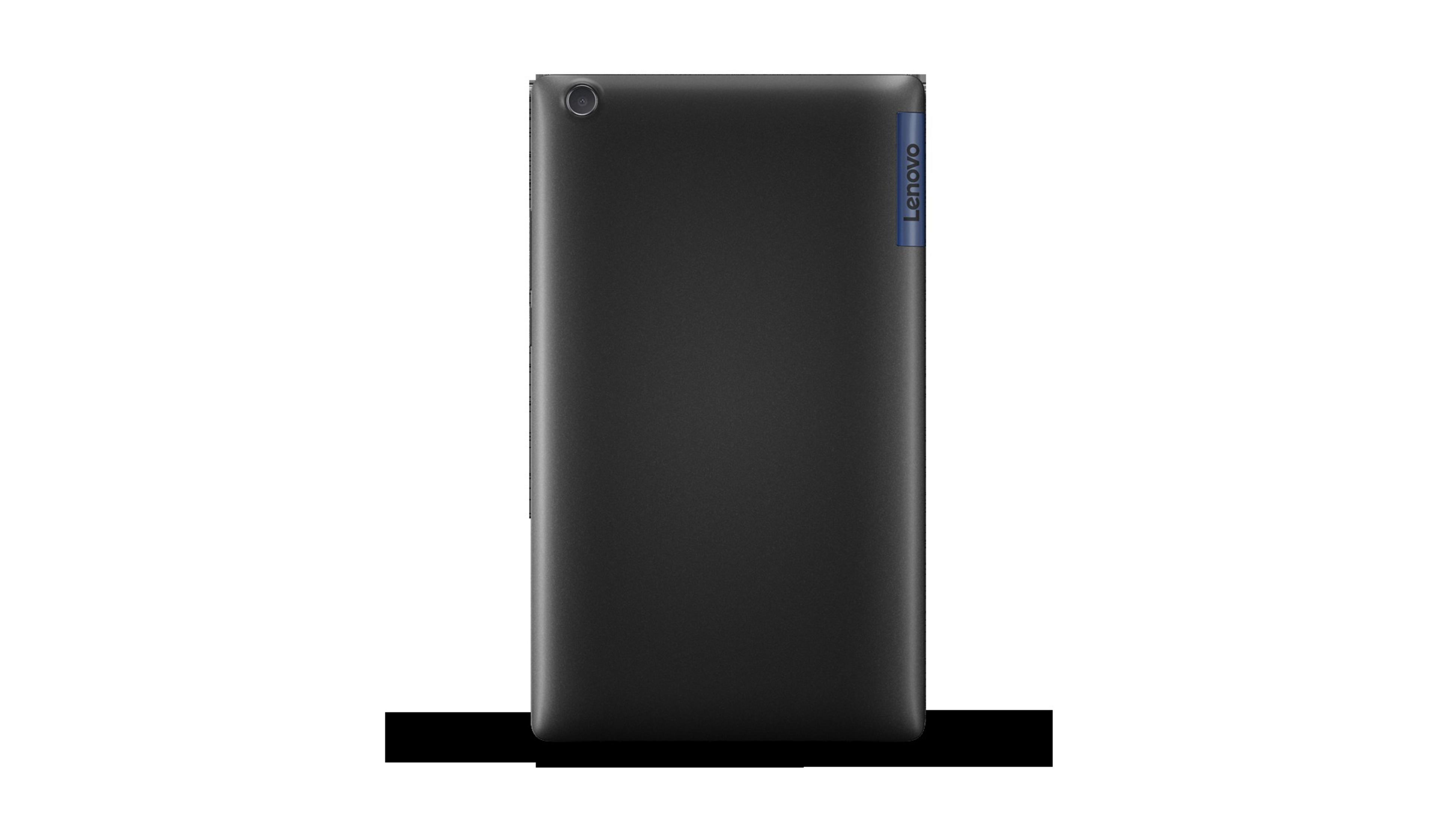 Schwarze Tablet-Rückseite mit Lenovo-Logo.