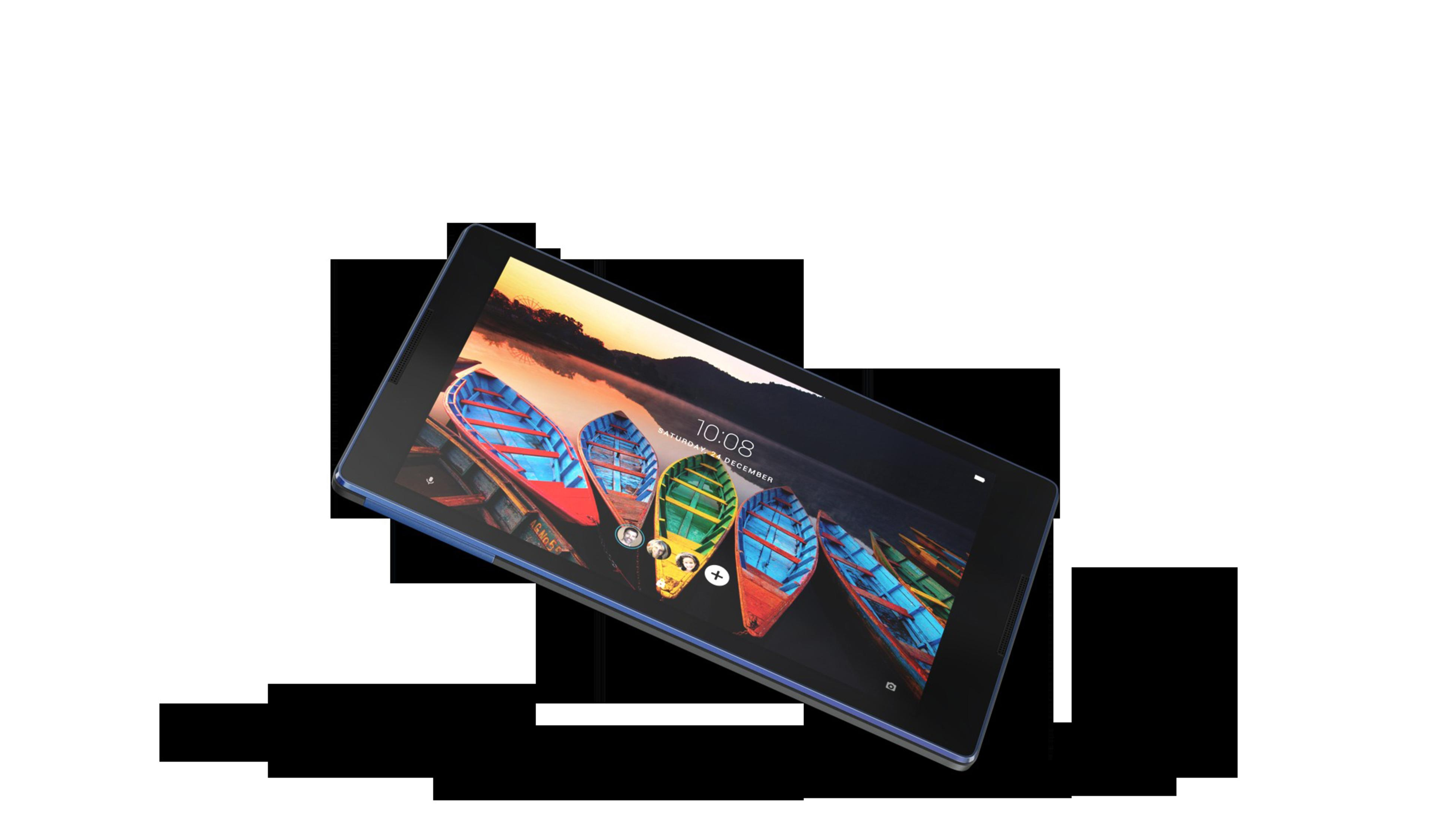 Abgewinkeltes Tablet, das ein farbenfrohes Bild von Booten auf einem See zeigt.