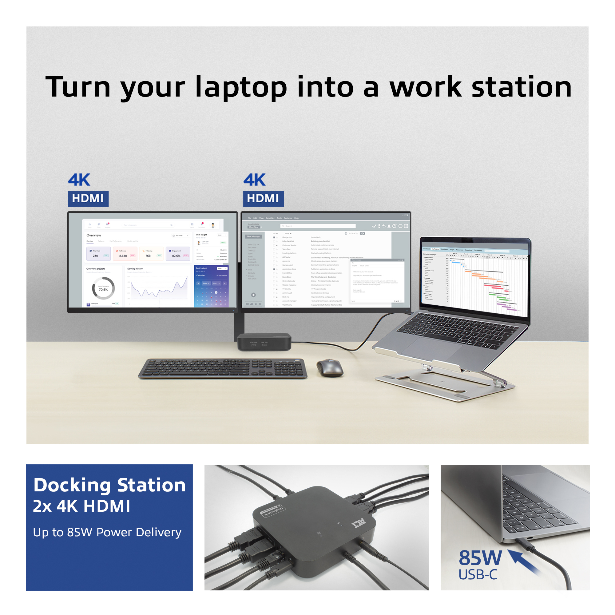 Werkstation met twee monitoren, een docking station en een laptop.
