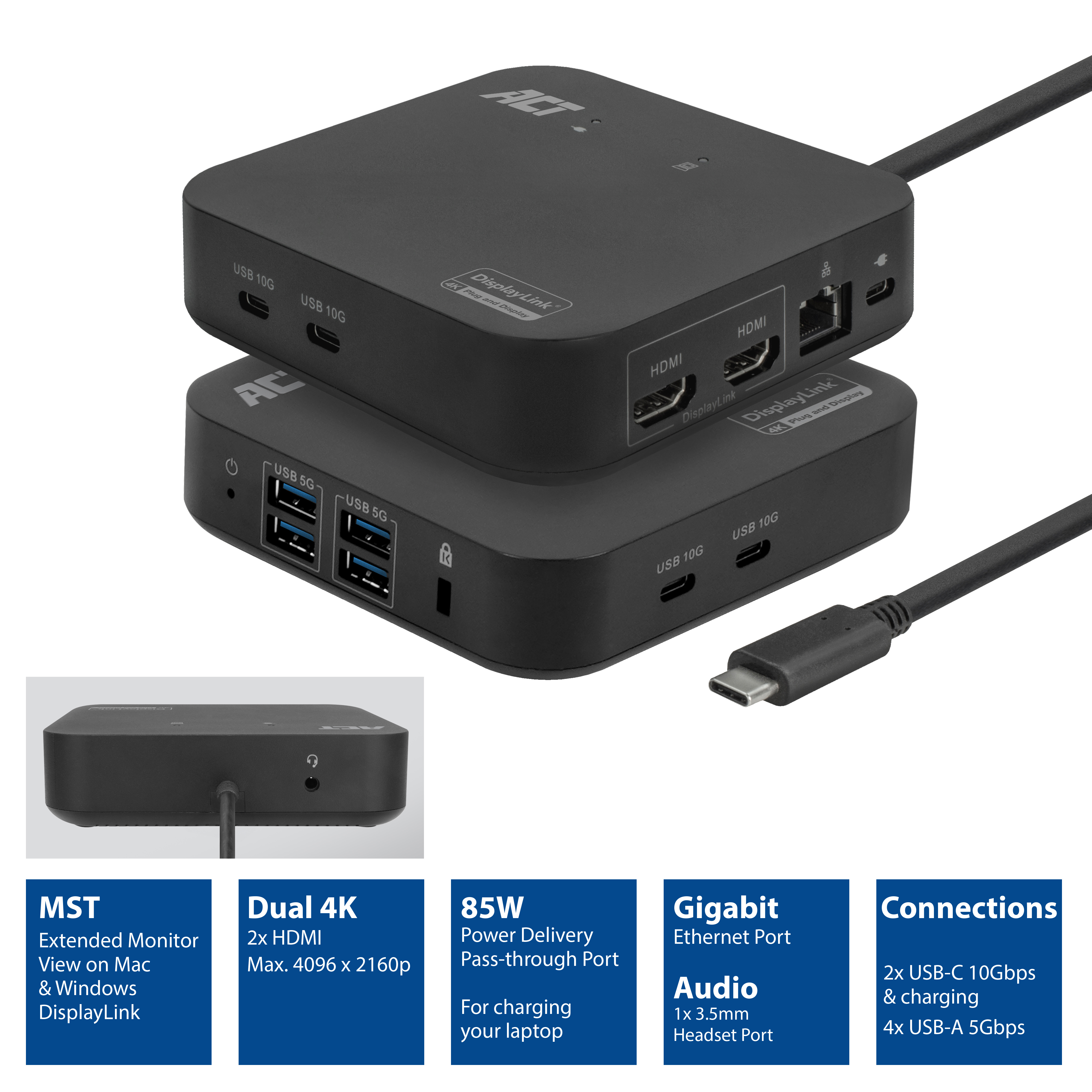 Zwart dockingstation met meerdere poorten, USB, HDMI en USB-C, met tekst.
