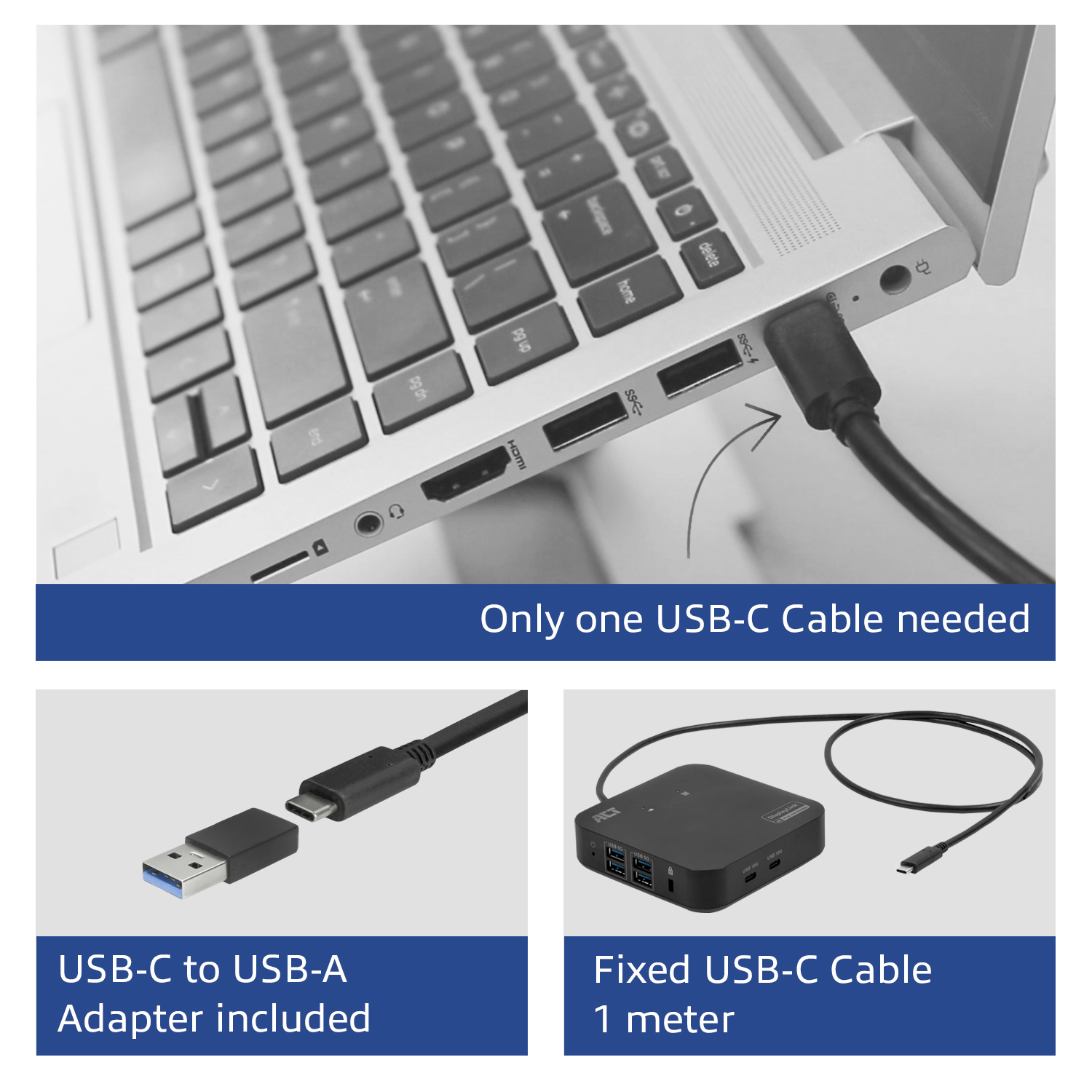 Laptop met USB-C-kabel, USB-C naar USB-A-adapter en vaste USB-C-kabel.