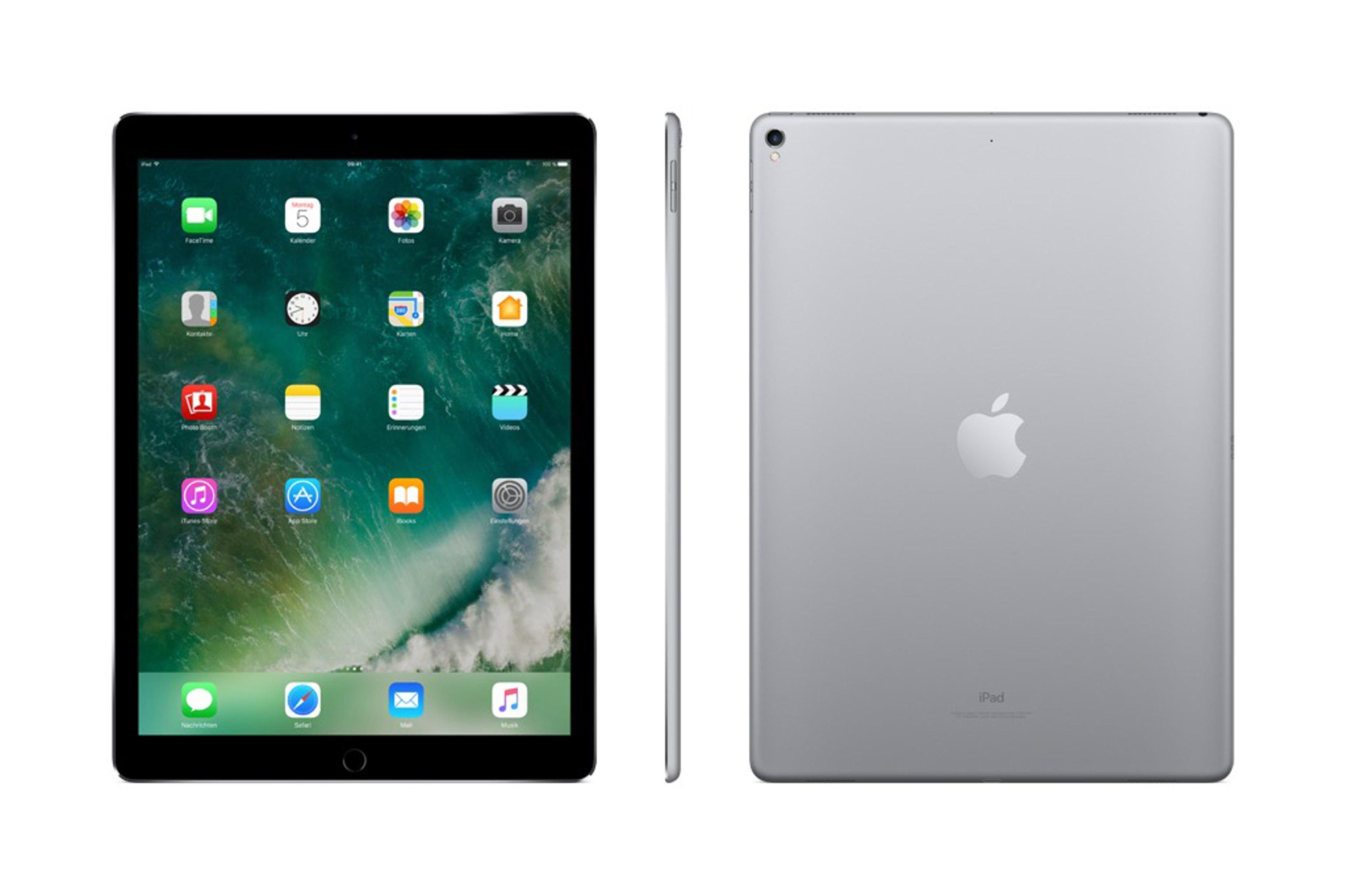 Srebrny iPad pokazany z trzech perspektyw, wyświetlający ekran główny.
