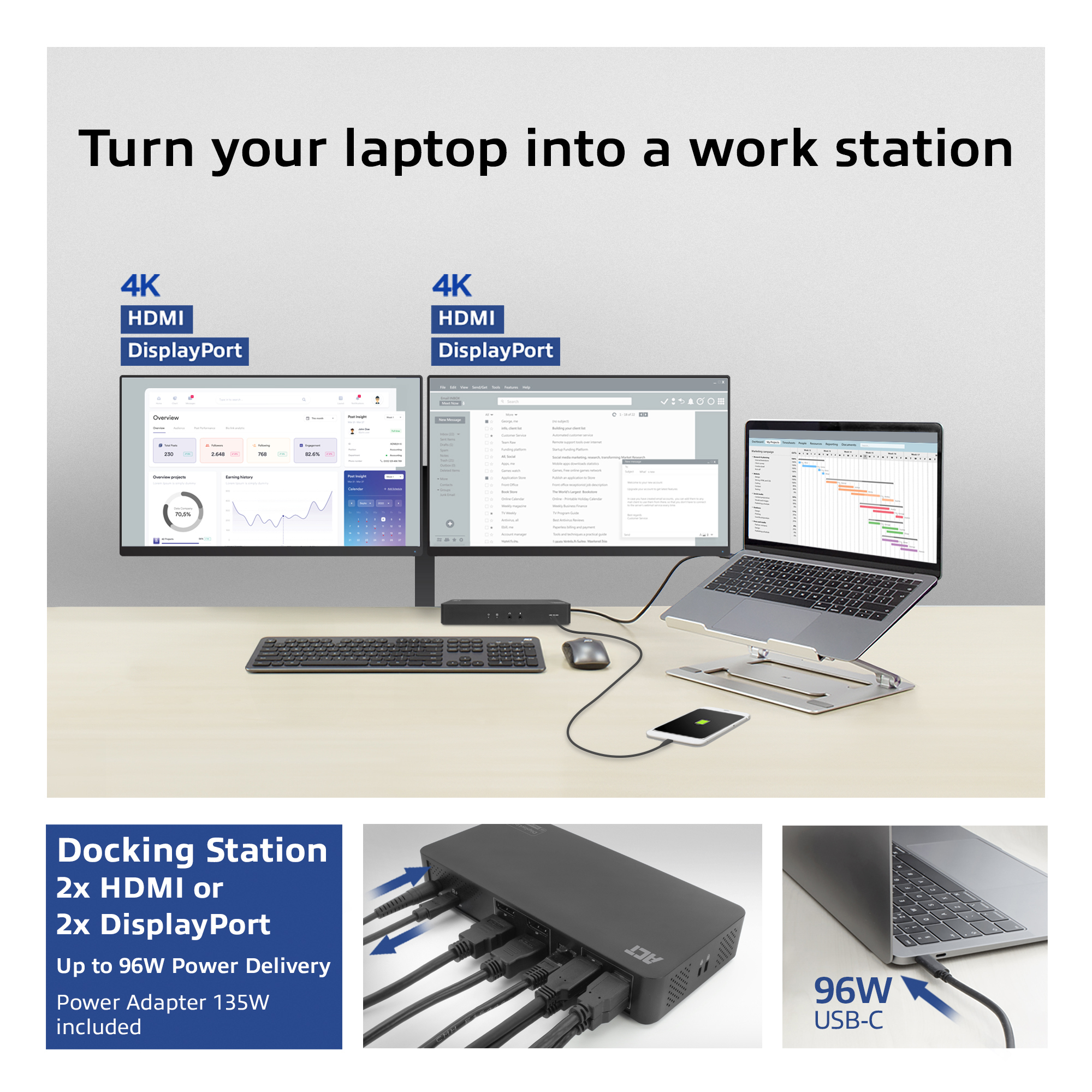 Laptop über eine Dockingstation mit Monitoren verbunden. Merkmale umfassen mehrere Anschlüsse und Stromversorgung.