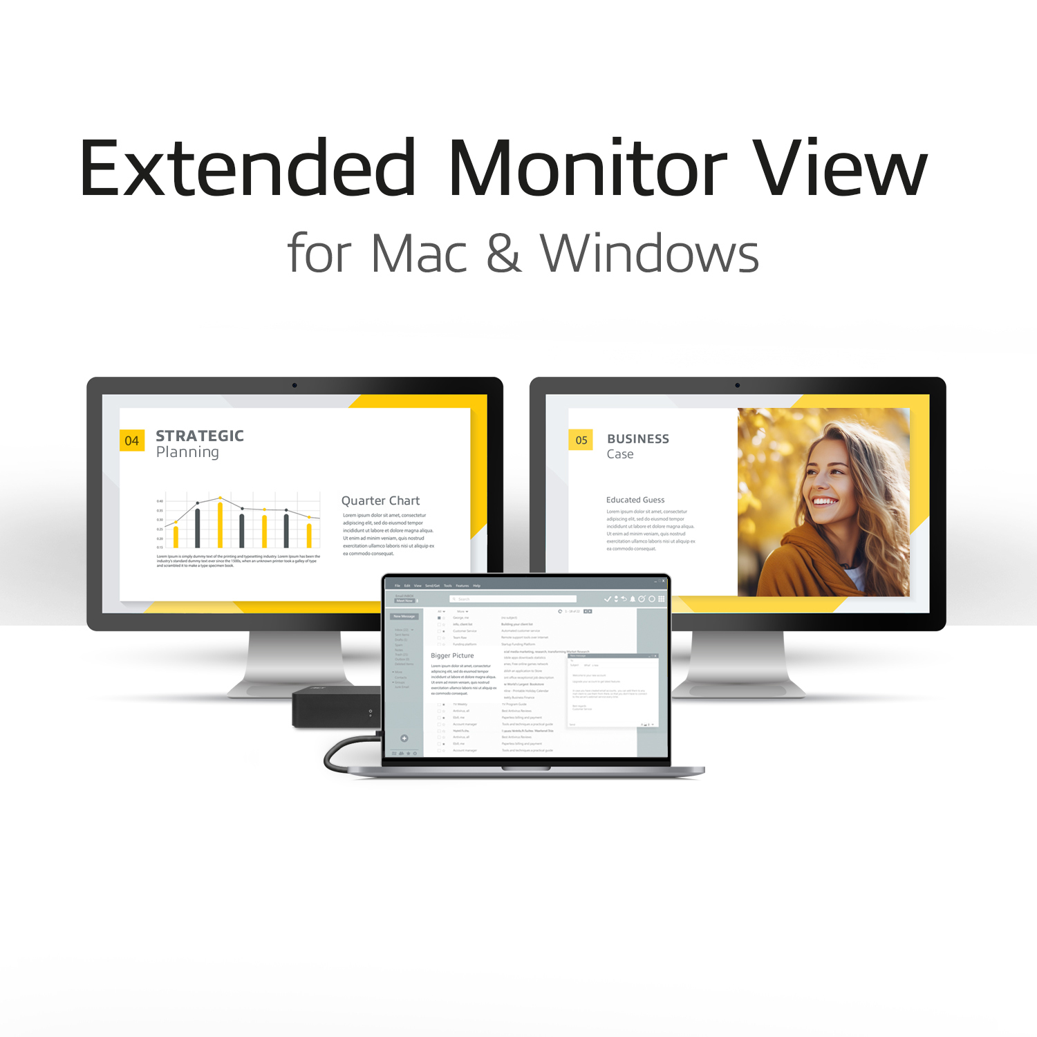 Zwei Monitore und ein Laptop mit Diagrammen und einer Frau.
