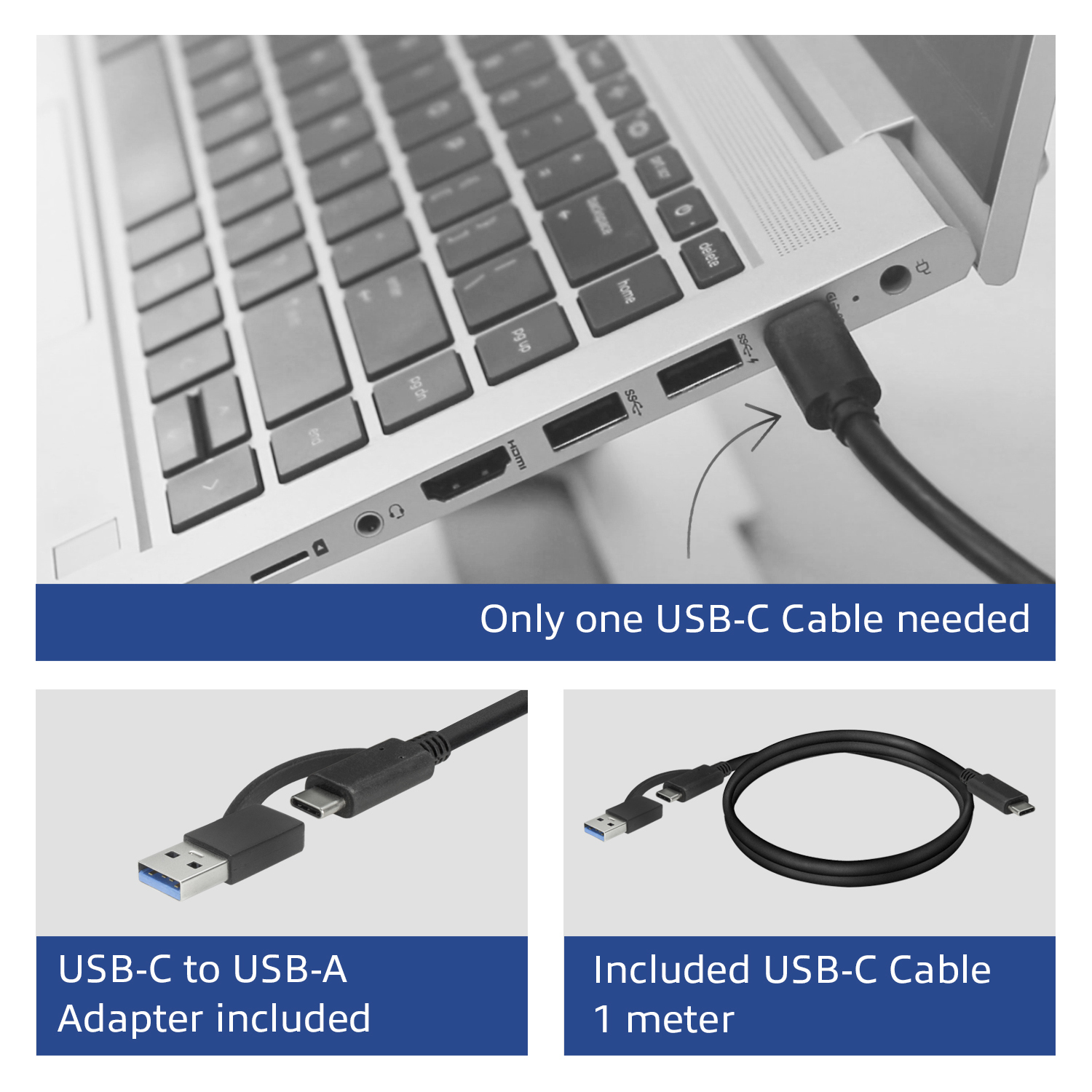 Laptop mit USB-C-Kabel und Adapter, zeigt Anschlussmöglichkeiten.