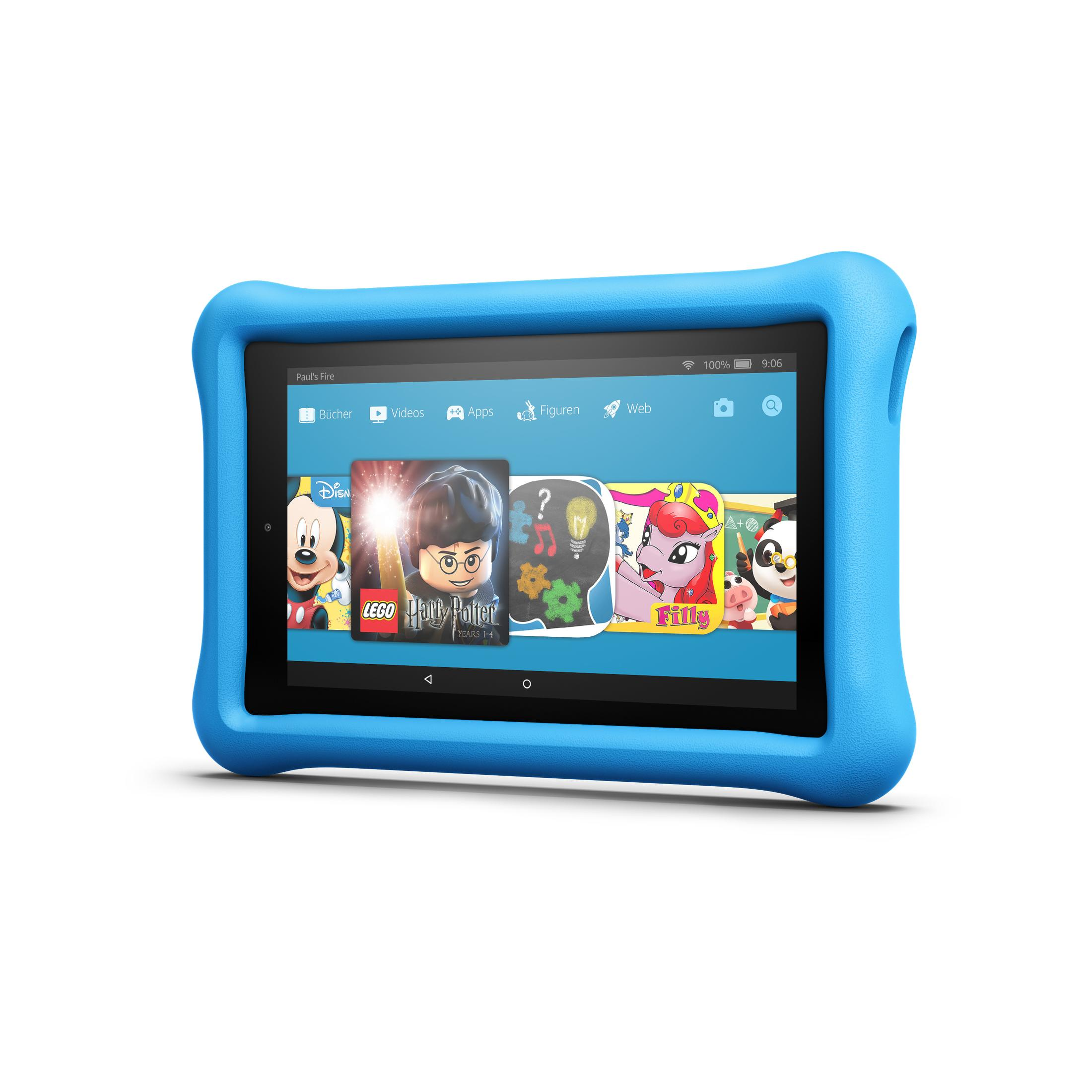 Ein blaues Tablet mit einer blauen Schutzhülle, der Bildschirm zeigt Apps und Spiele für Kinder.