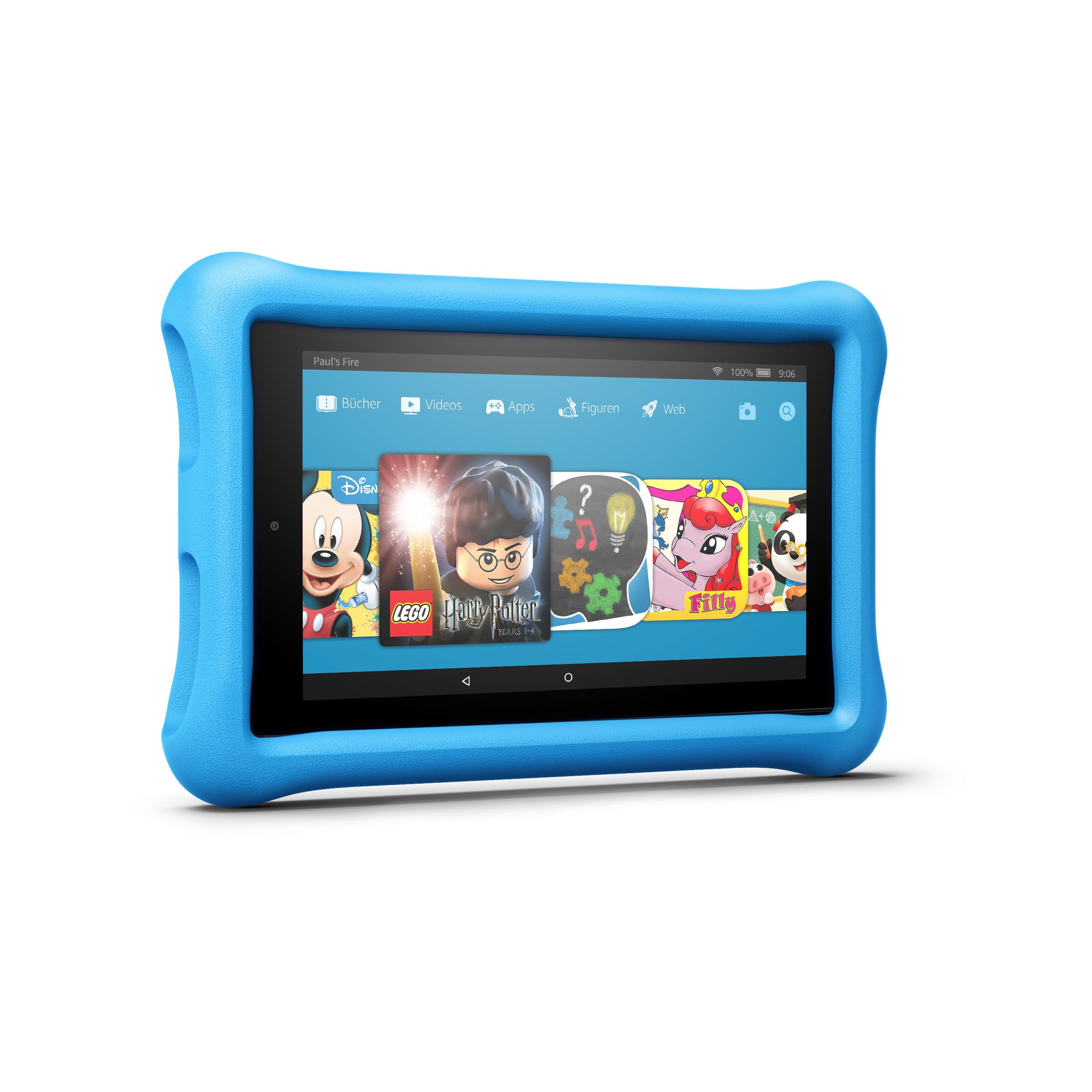 Ein blaues Tablet mit blauem Stoßfänger. Der Tablet-Bildschirm zeigt App-Symbole für Kinder.