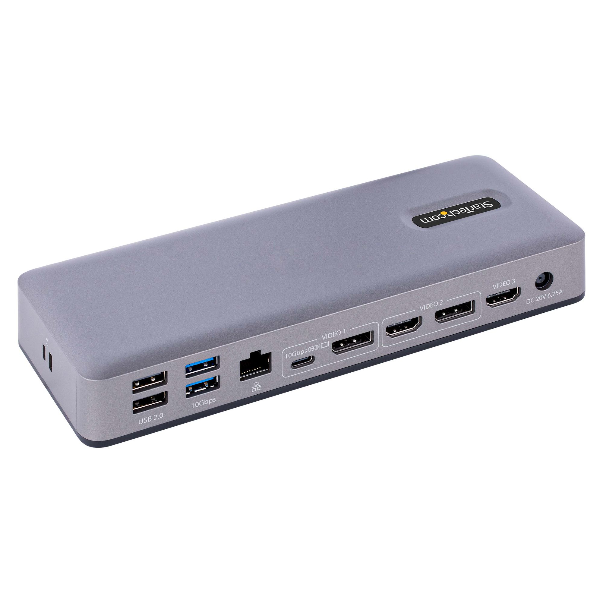 Graue Startech-Dockingstation mit mehreren Anschlüssen. USB, Ethernet und Video.