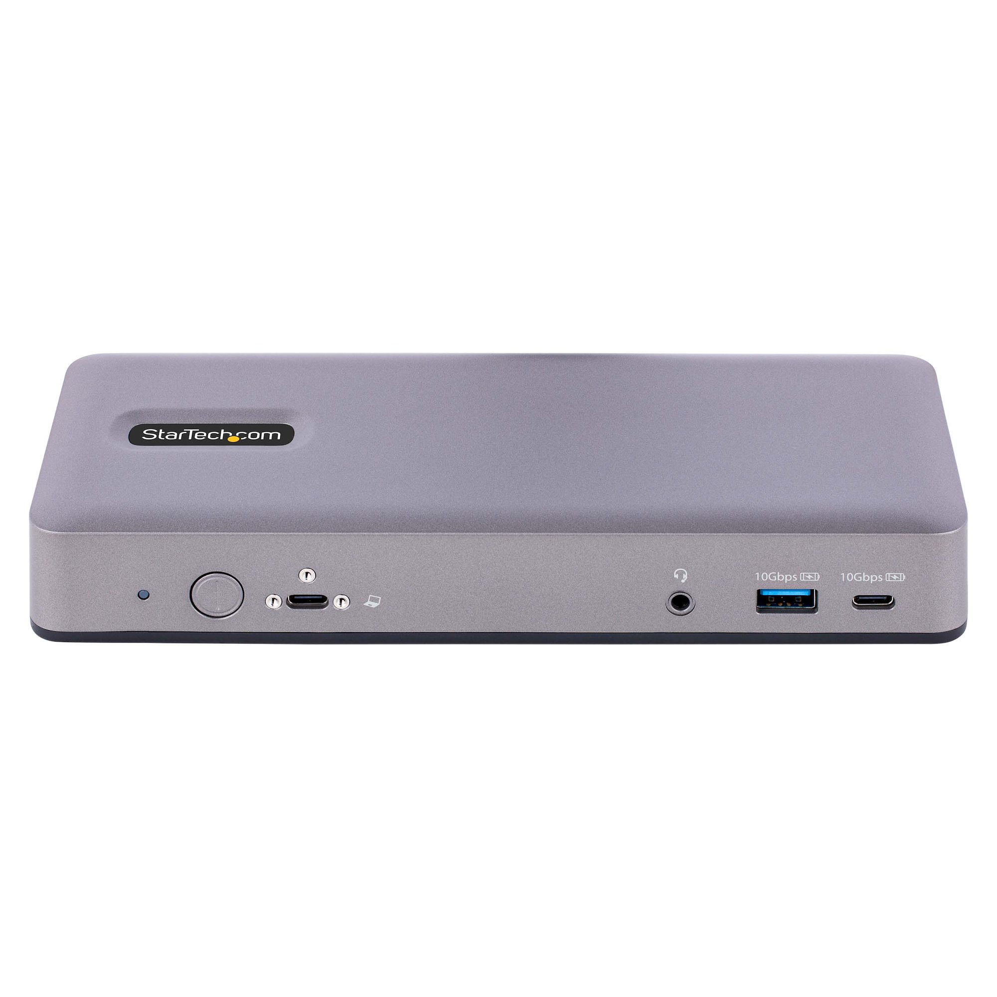 Eine graue StarTech.com Dockingstation mit mehreren Anschlüssen und dem StarTech.com-Logo.