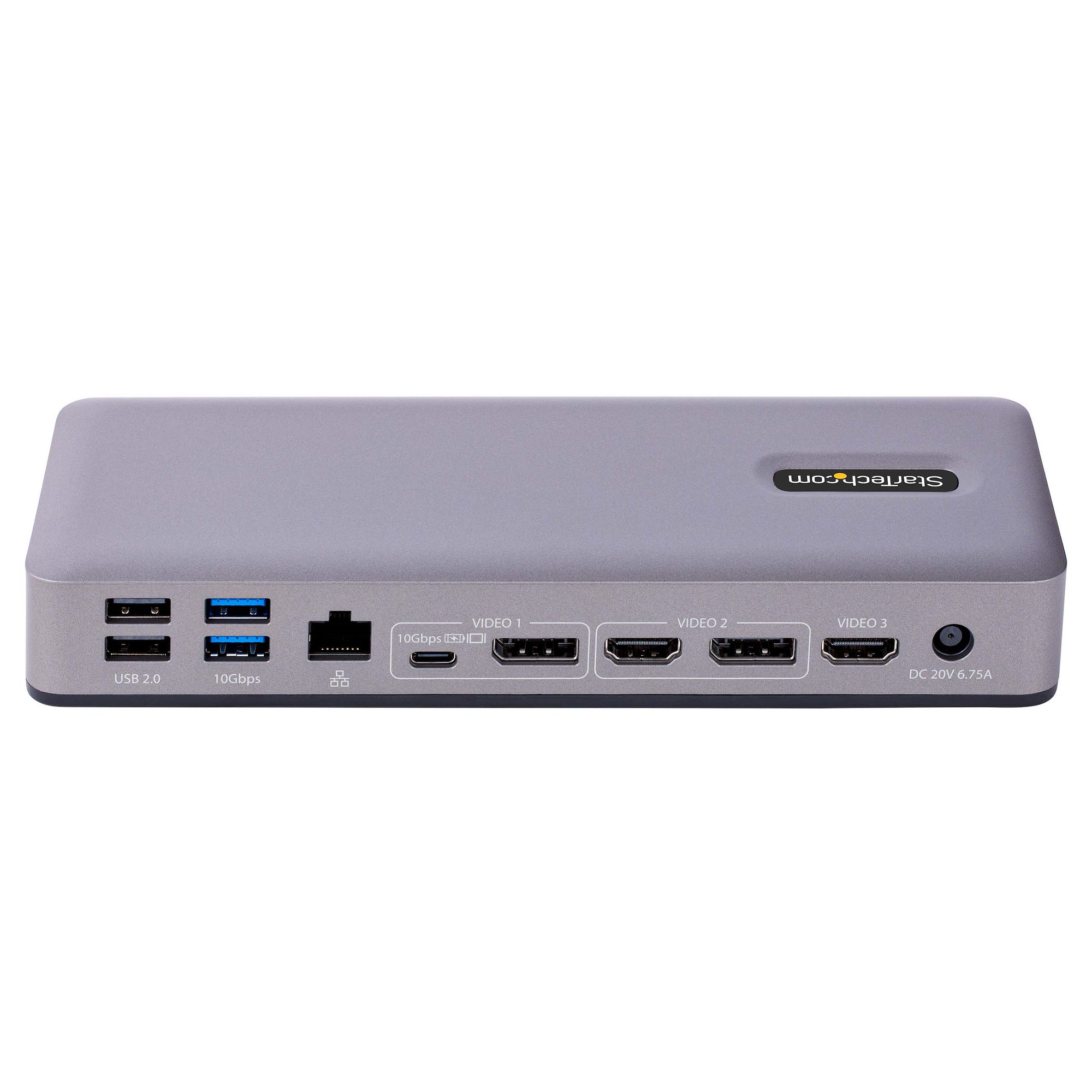 Graue Dockingstation mit mehreren Anschlüssen: USB, HDMI und mehr, auf Weiß.