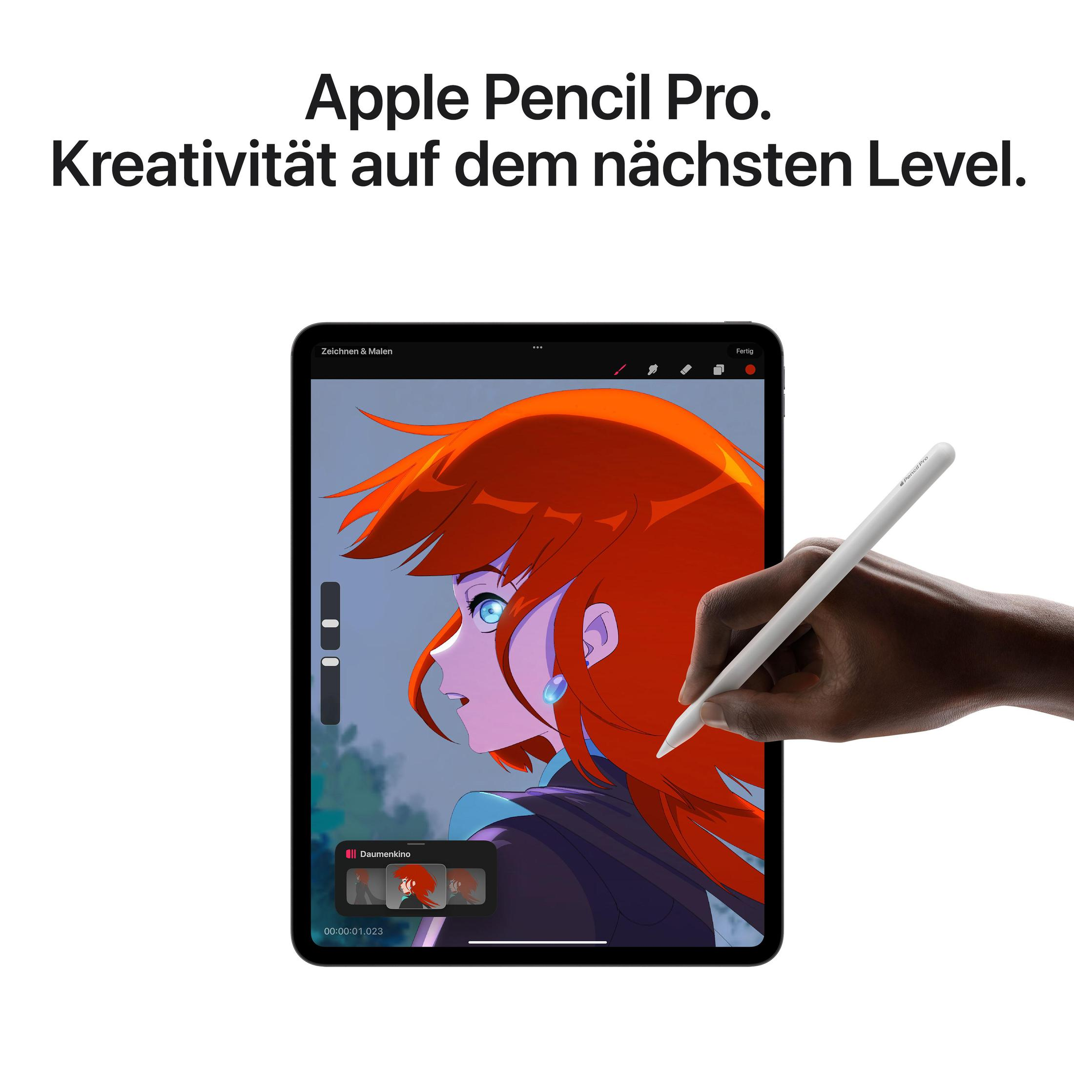 Osoba używa białego Apple Pencil Pro na iPadzie. Ekran wyświetla rysunek z rudymi włosami.