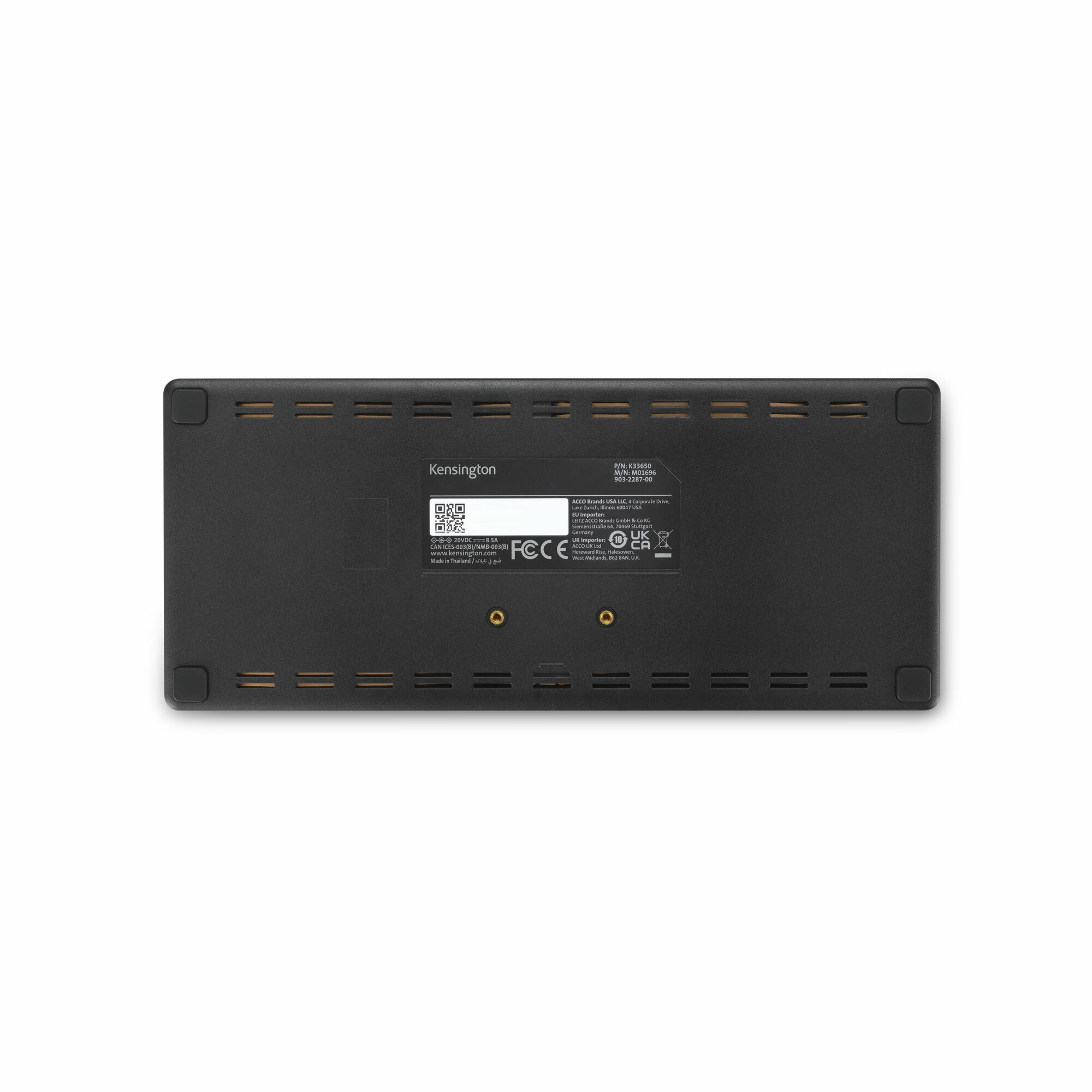 Schwarze Dockingstation-Basis mit Anschlüssen und Beschriftungen. Markenname 'Kensington' und Produktinfo.