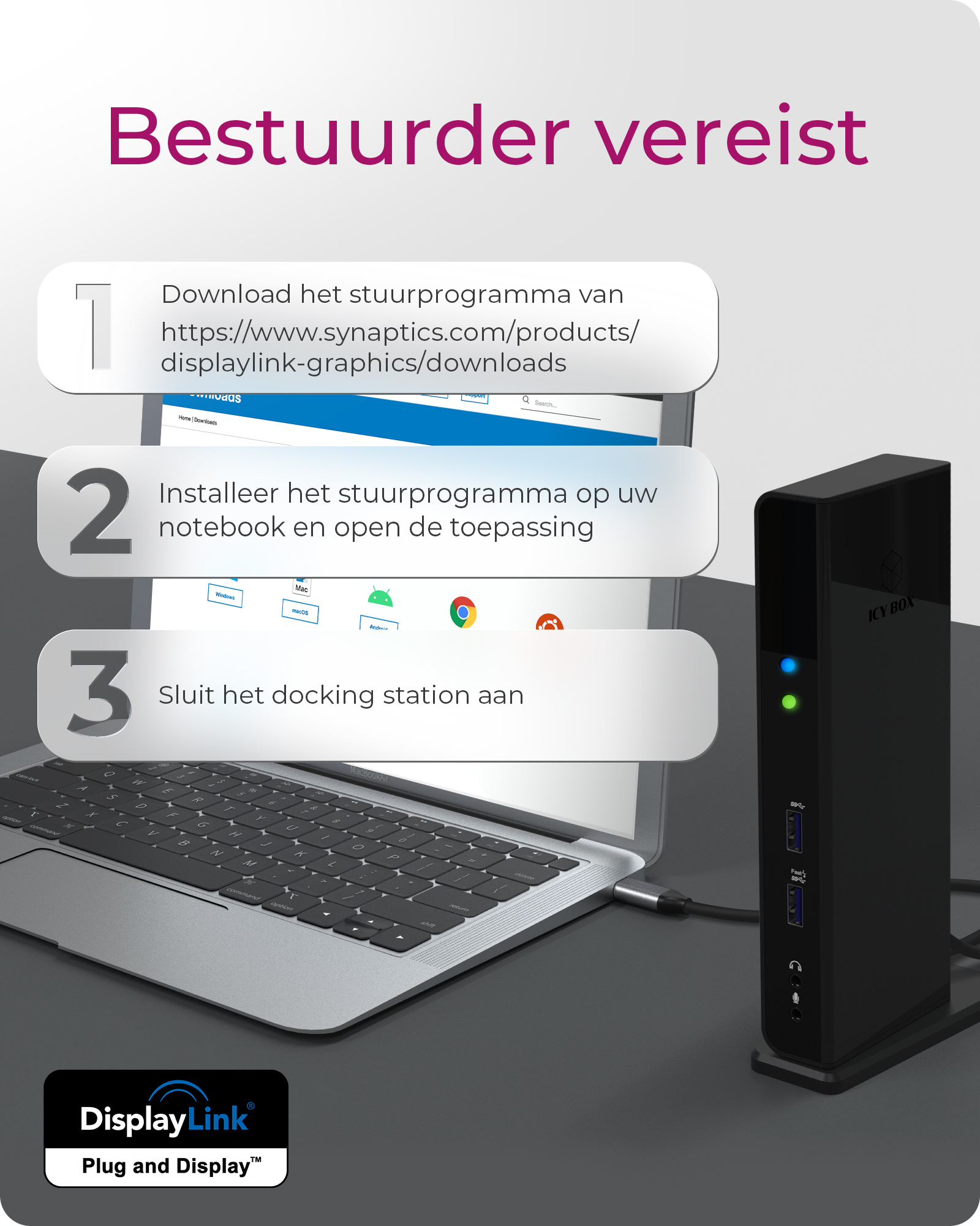 Bild zeigt eine Dockingstation-Einrichtung. Ein Laptop ist mit der Station verbunden. Textanweisungen.
