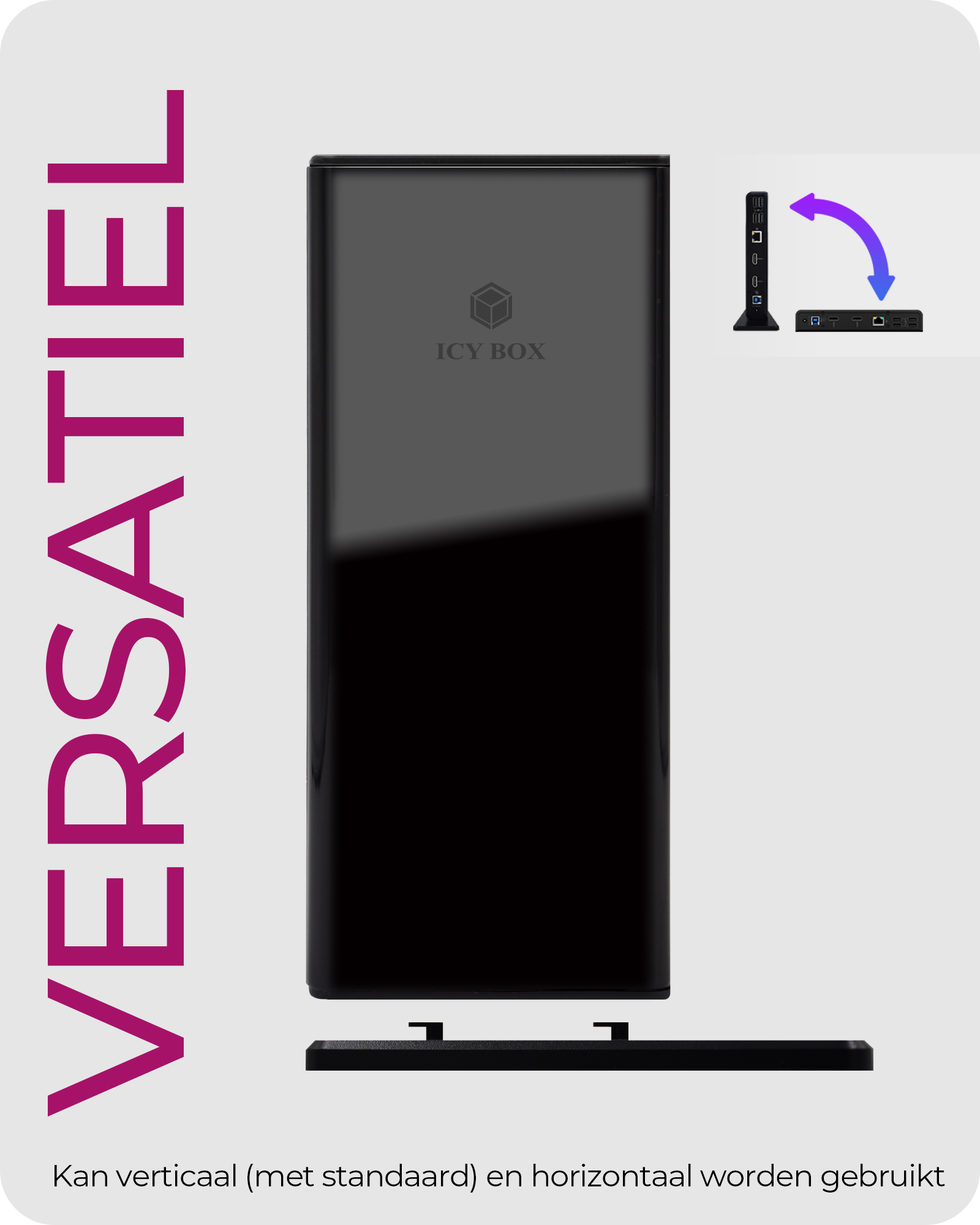 Schwarzes Gerät, vertikal, mit Text 'VERTIEL', zeigt Mehrfachverwendung.