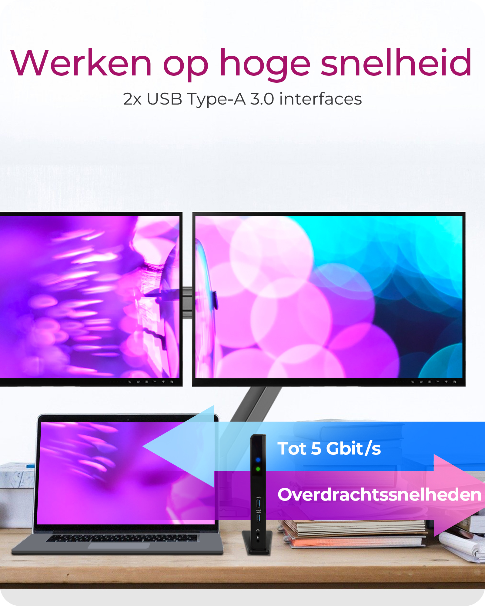 Zwei Monitore mit Laptop und schwarzem Hub. Text: 2x USB, Tot 5 Gbit/s, Overdrachtssnelheden.