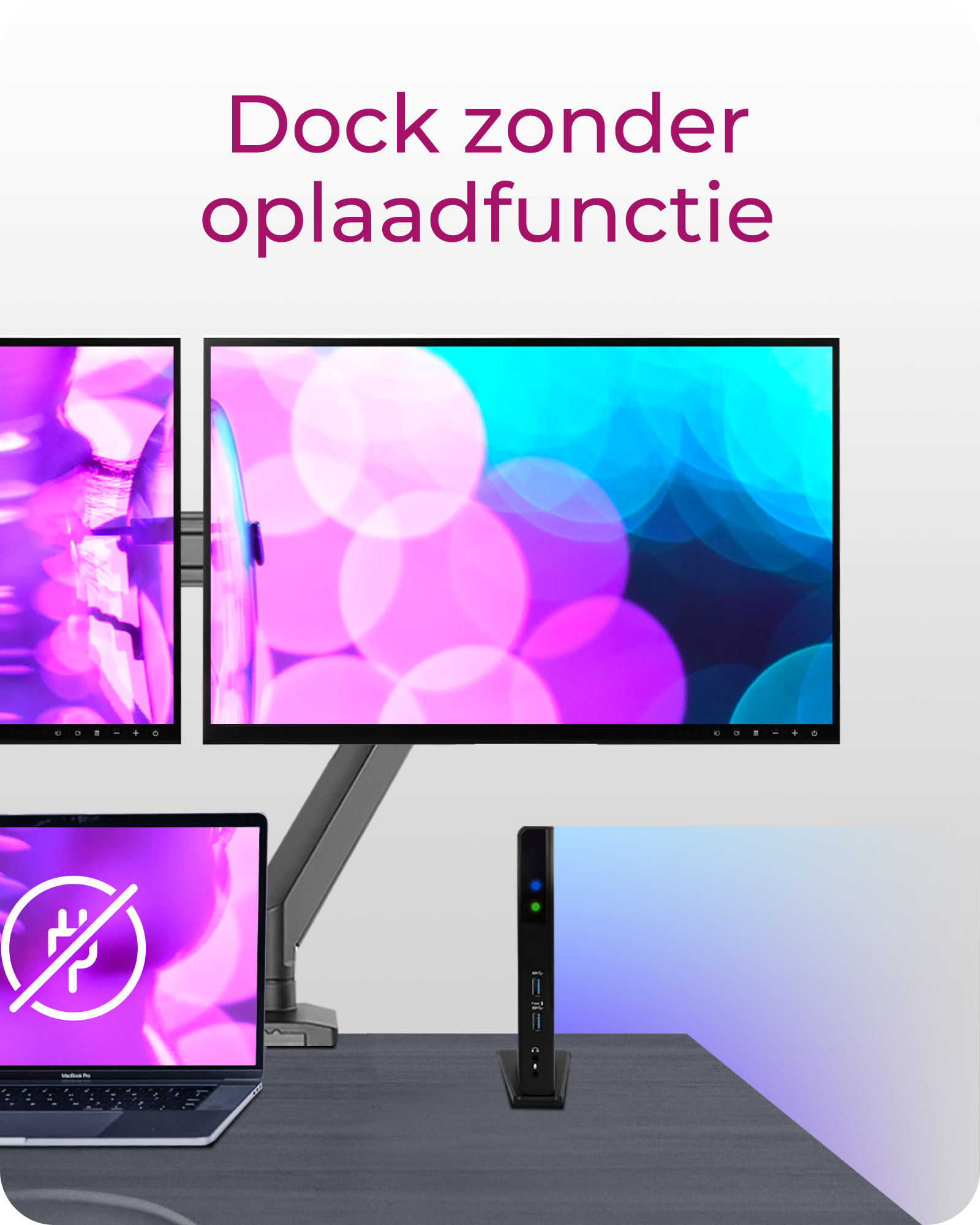 Dockingstation mit Monitoren und Laptop. Monitore und Laptop-Bildschirm zeigen farbenfrohe Bilder. Weißer Hintergrund.