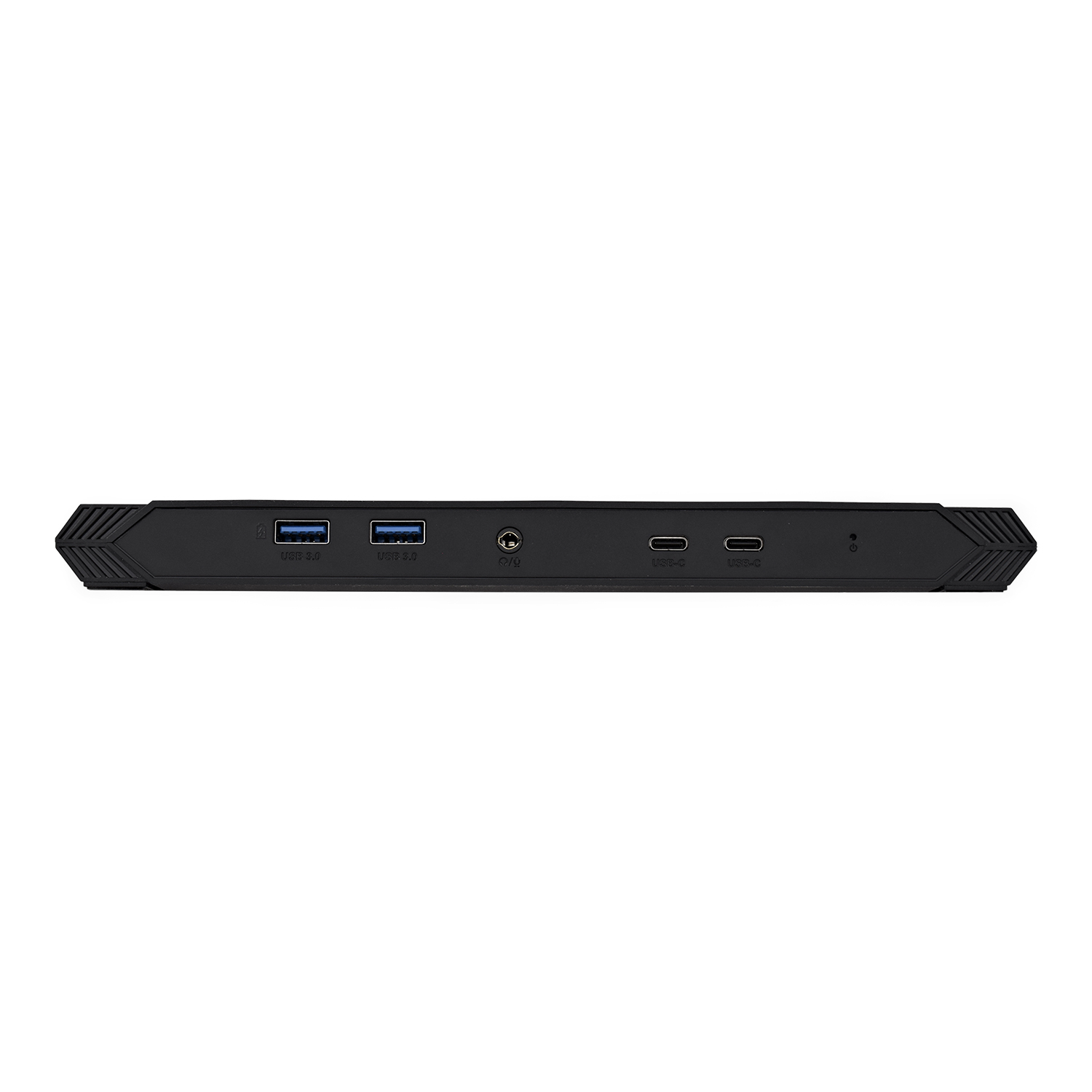 Dispositivo nero con porte USB, jack audio e altre porte, su sfondo bianco.