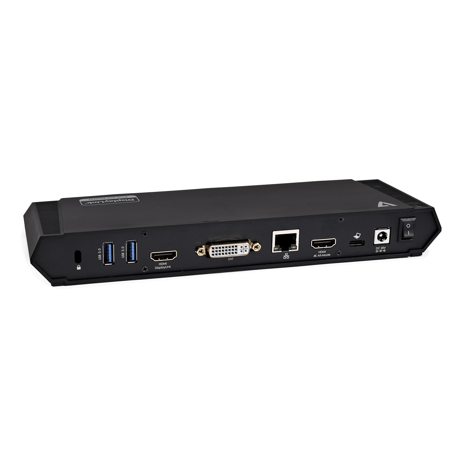 Stazione di docking DisplayLink nera con varie porte. Su superficie bianca.