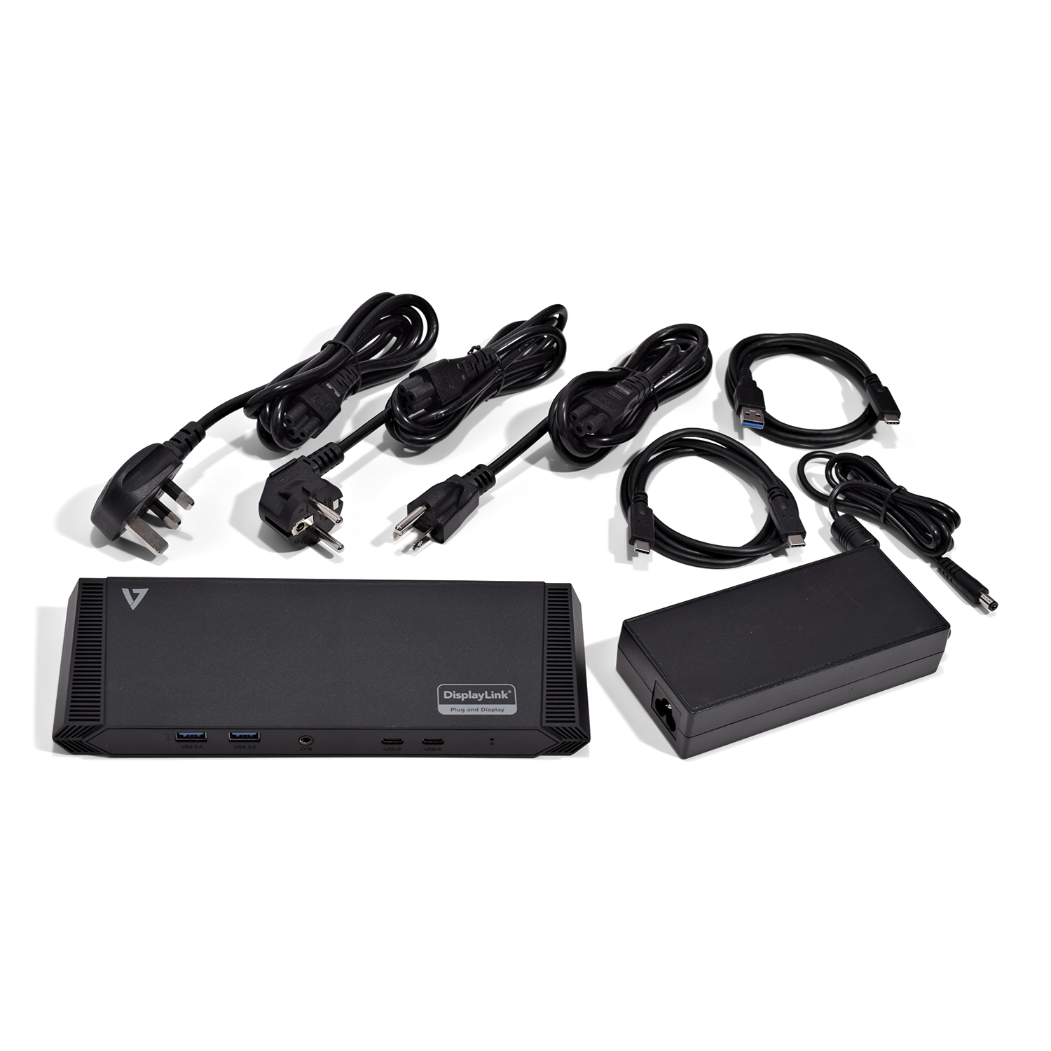Stazione di docking DisplayLink nera e cavi. Include adattatore di alimentazione, cavi USB e di alimentazione.