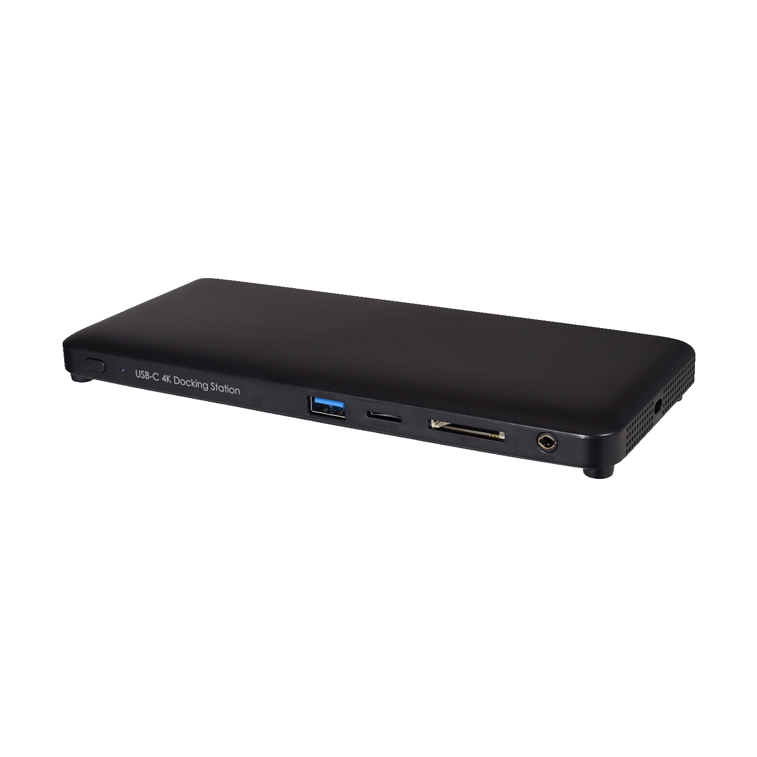 Docking station USB-C nera con porte e scritta: USB-C 4K Docking Station.