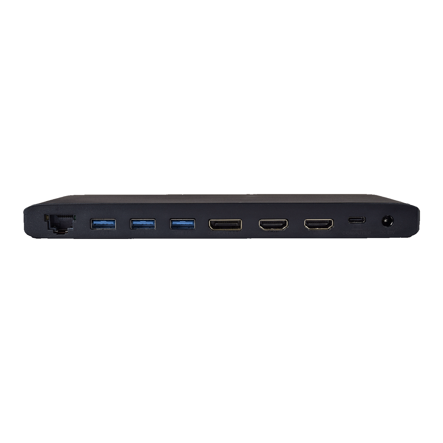 Docking station nera con porte visibili sulla parte anteriore, su una superficie bianca.