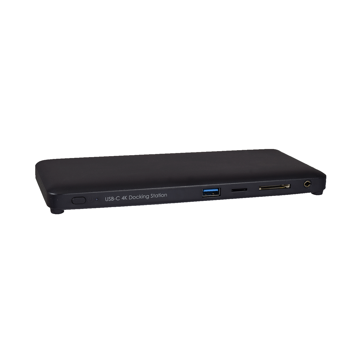 Docking station USB-C 4K nera. Mostra le porte, tra cui USB, scheda SD e audio.