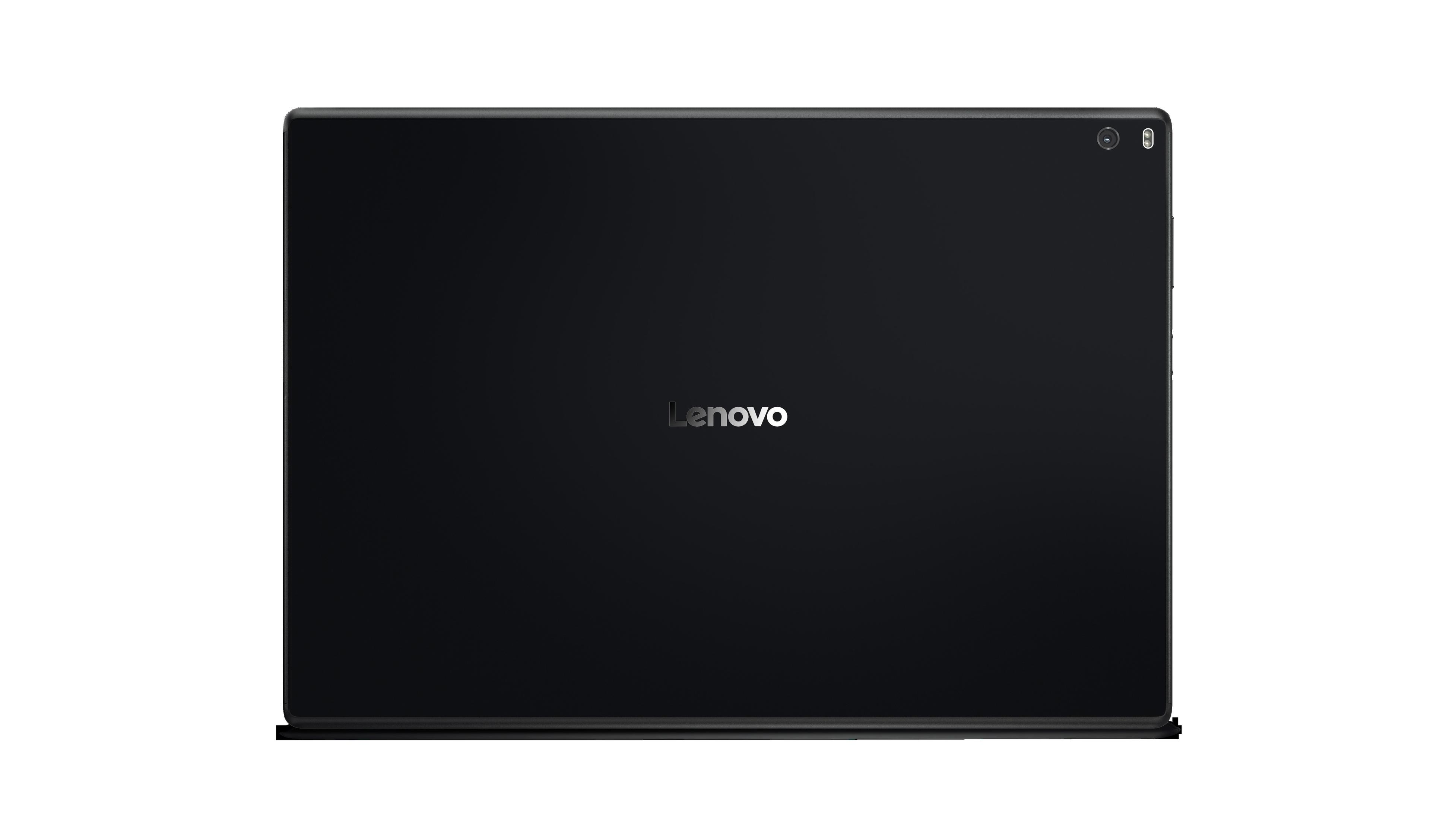 Ein schwarzes Lenovo-Tablet, die Rückseite, vor weißem Hintergrund.