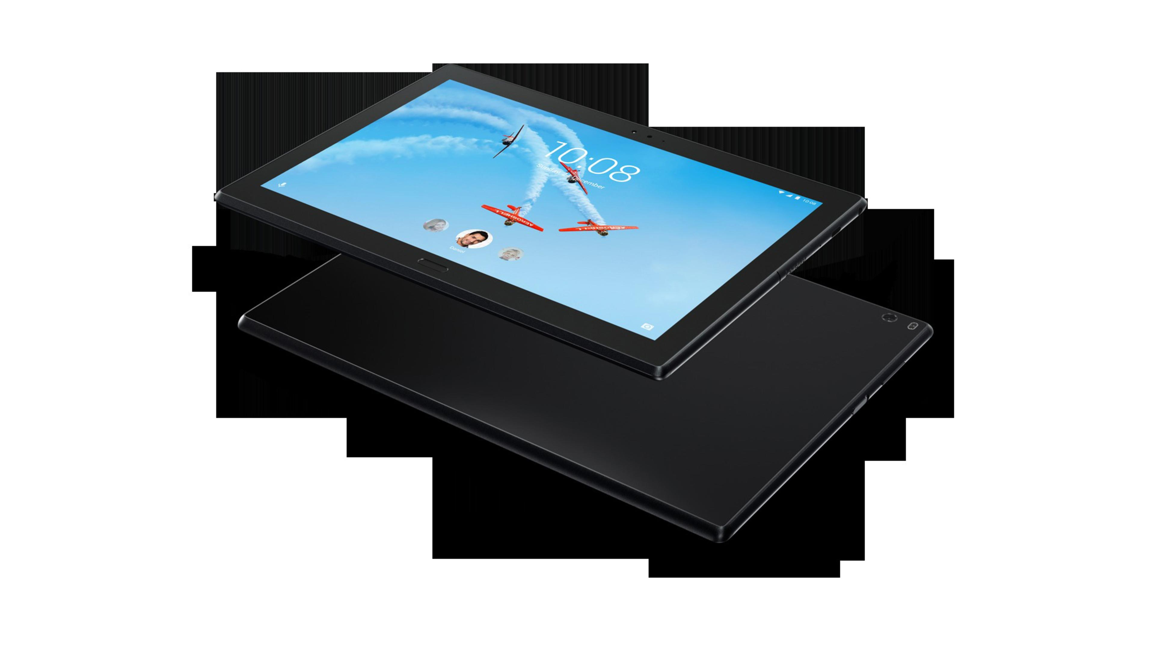 Schwarzes Tablet, zwei Tablets übereinander. Der Bildschirm zeigt Flugzeuge.