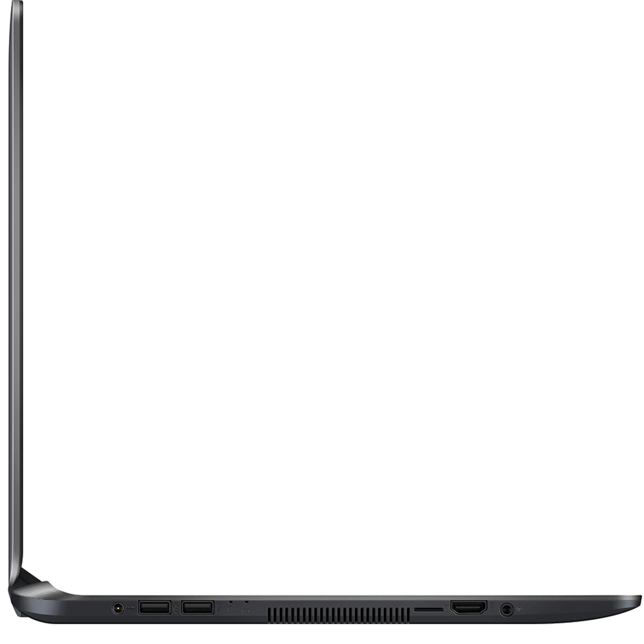 Laptop-Profilansicht. Schwarzer Körper, Seitenansicht. Anschlüsse unten sichtbar. Weißer Hintergrund.