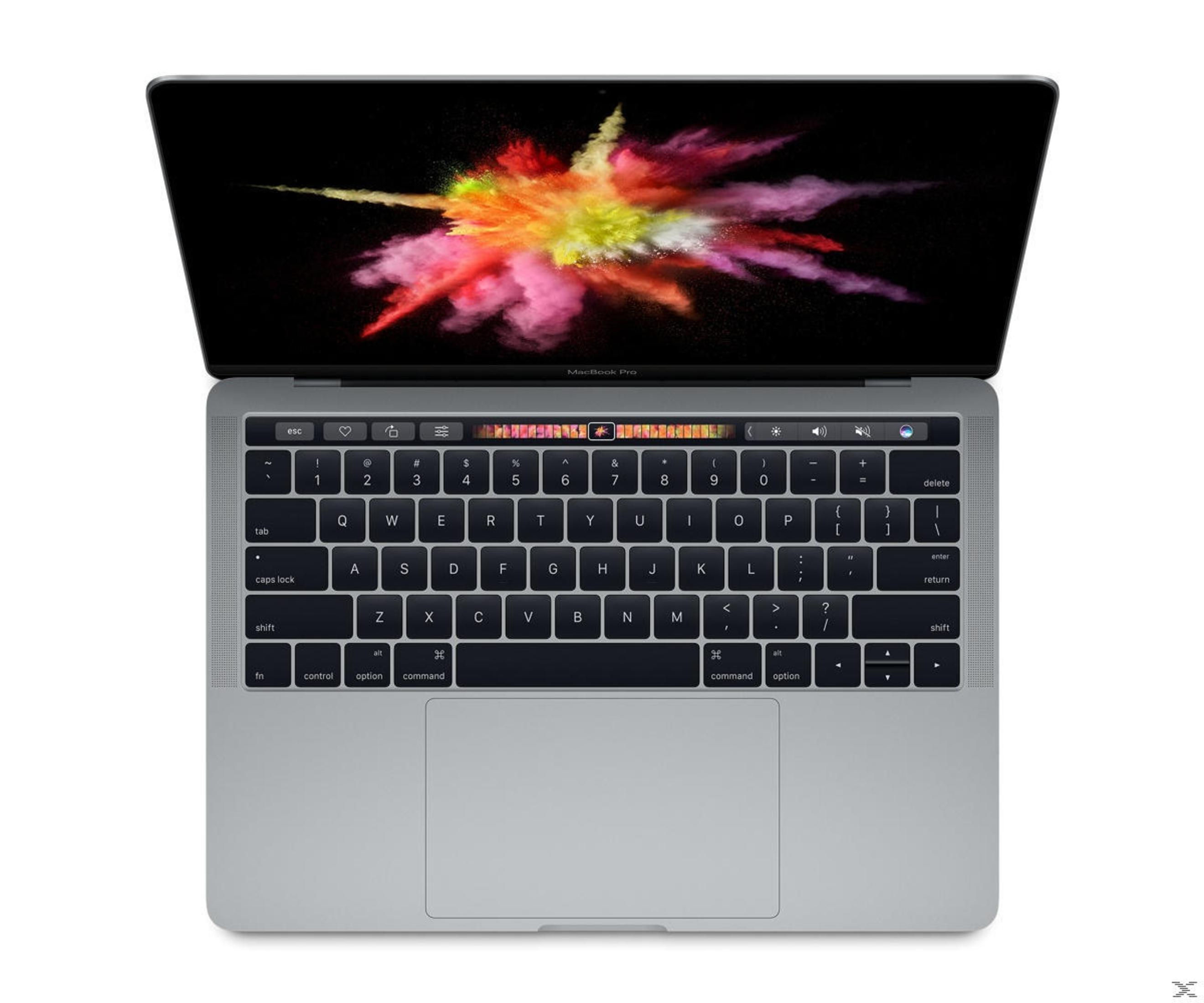 MacBook Pro Laptop, Draufsicht, schwarzer Bildschirm mit farbenfroher Explosionsgrafik.