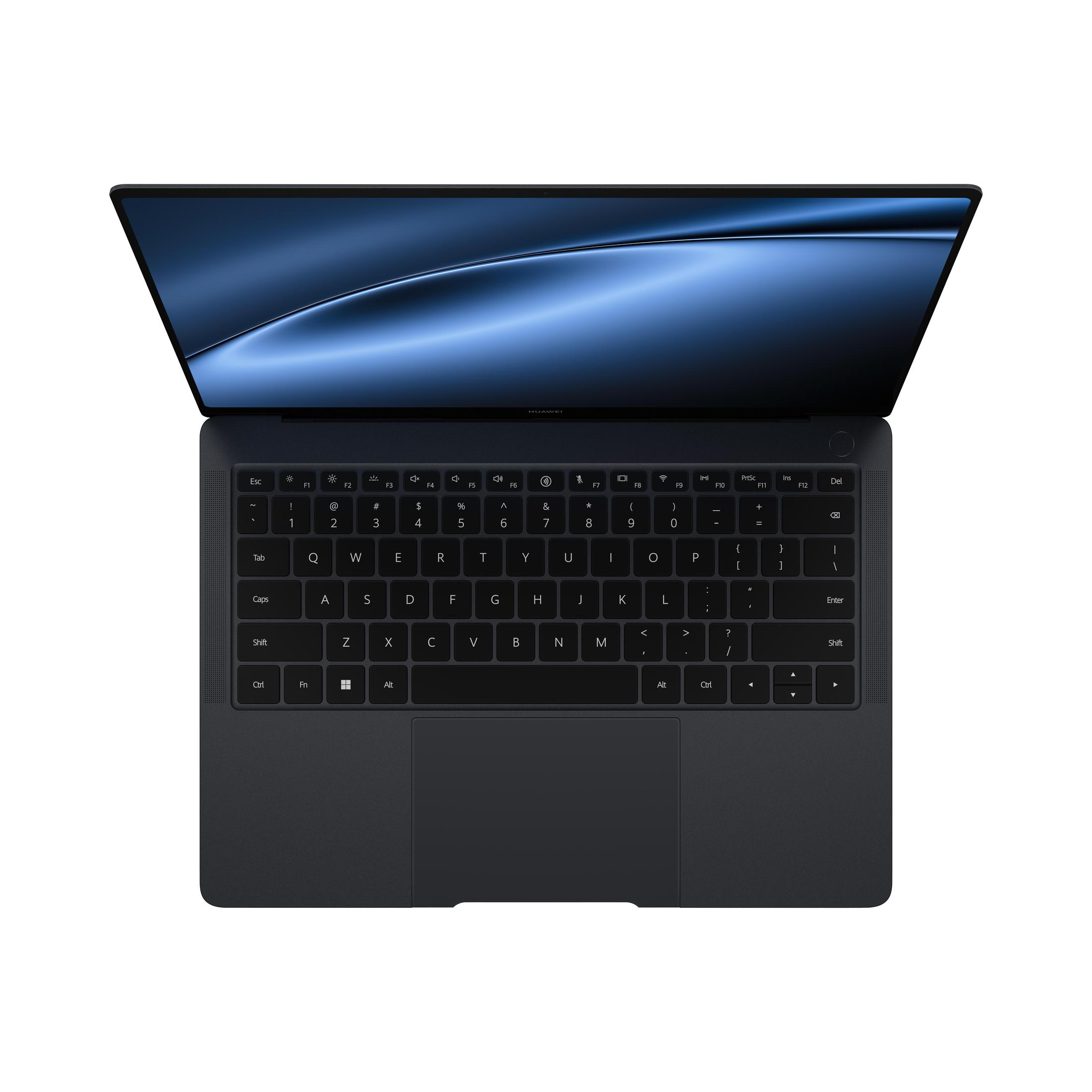 Schwarzer Laptop, von oben betrachtet. Die Tastatur ist sichtbar. Der Bildschirm ist dunkelblau.