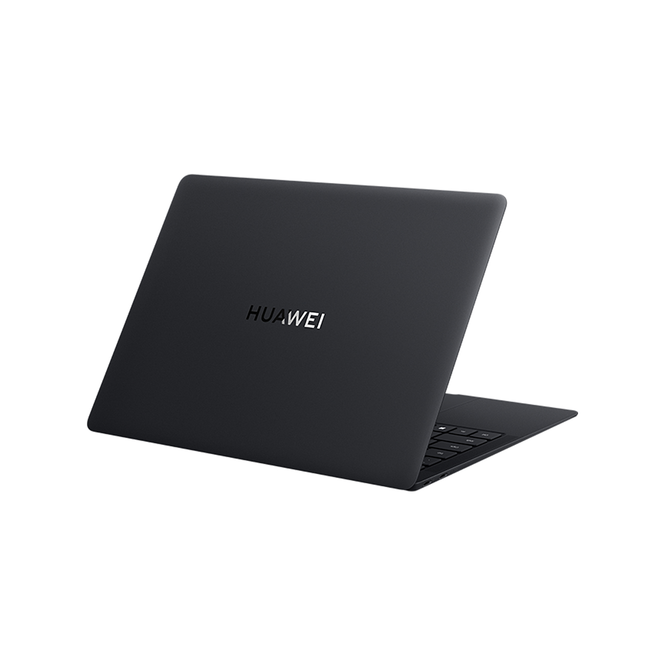 Schwarzes Huawei-Laptop, geöffnet, auf weißem Hintergrund. Huawei-Logo oben, Tastatur sichtbar.