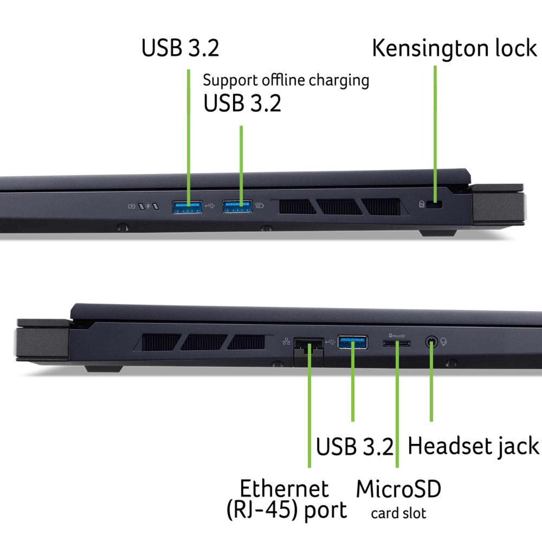 Zwei Ansichten der Seiten eines Laptops. Markierte USB-, Ethernet- und MicroSD-Anschlüsse.