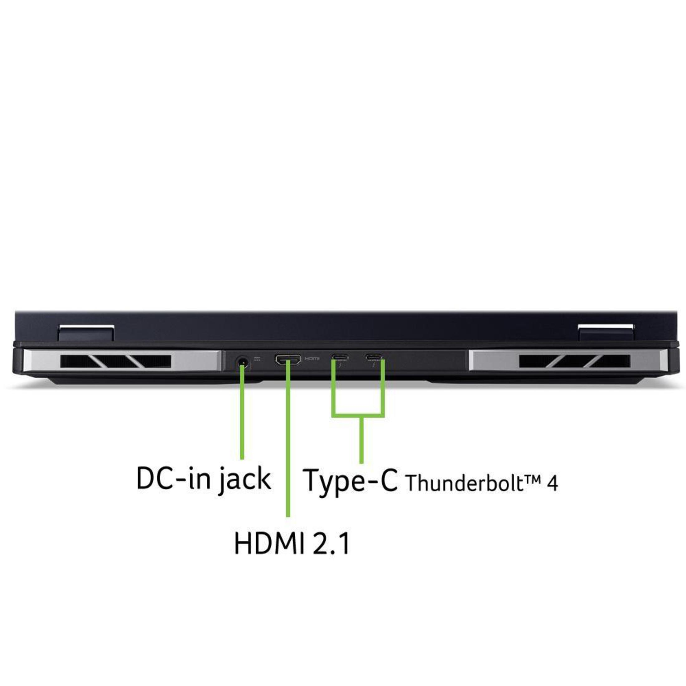 Unteransicht eines Laptops mit Anschlüssen: DC-in-Buchse, HDMI 2.1 und Typ-C Thunderbolt 4. Das Laptop ist schwarz.