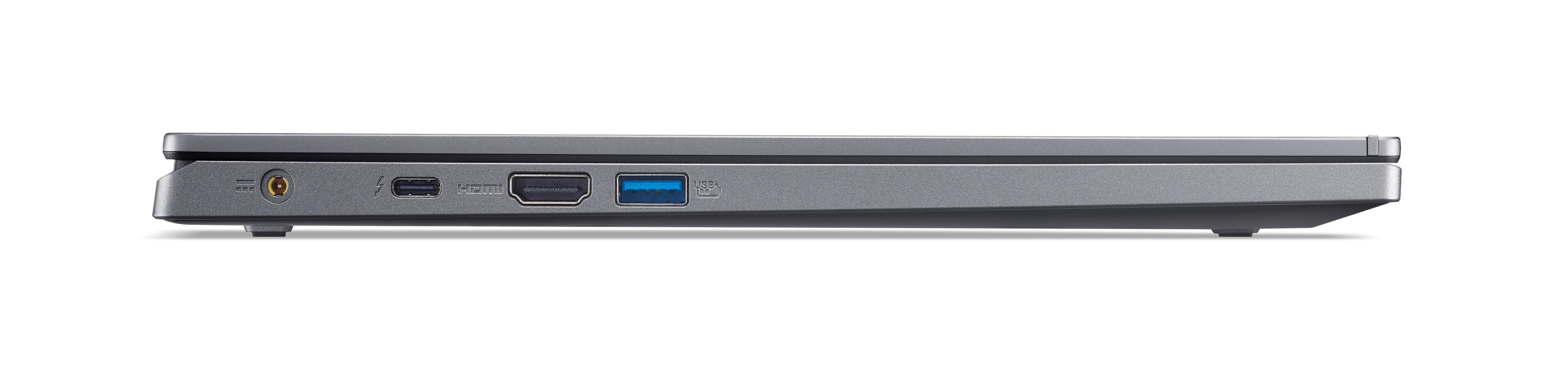 Laptop-Seitenansicht, mit Anschlüssen: Kopfhörer, HDMI, USB. Graue Farbe.