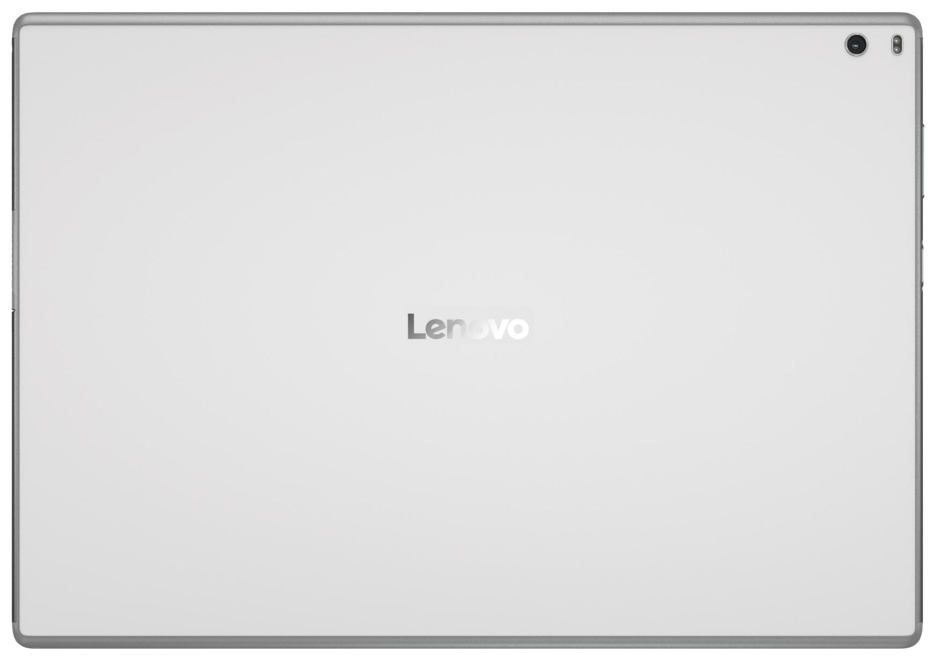 Silbernes Lenovo Tablet von hinten, mit Lenovo-Logo und Kamera.