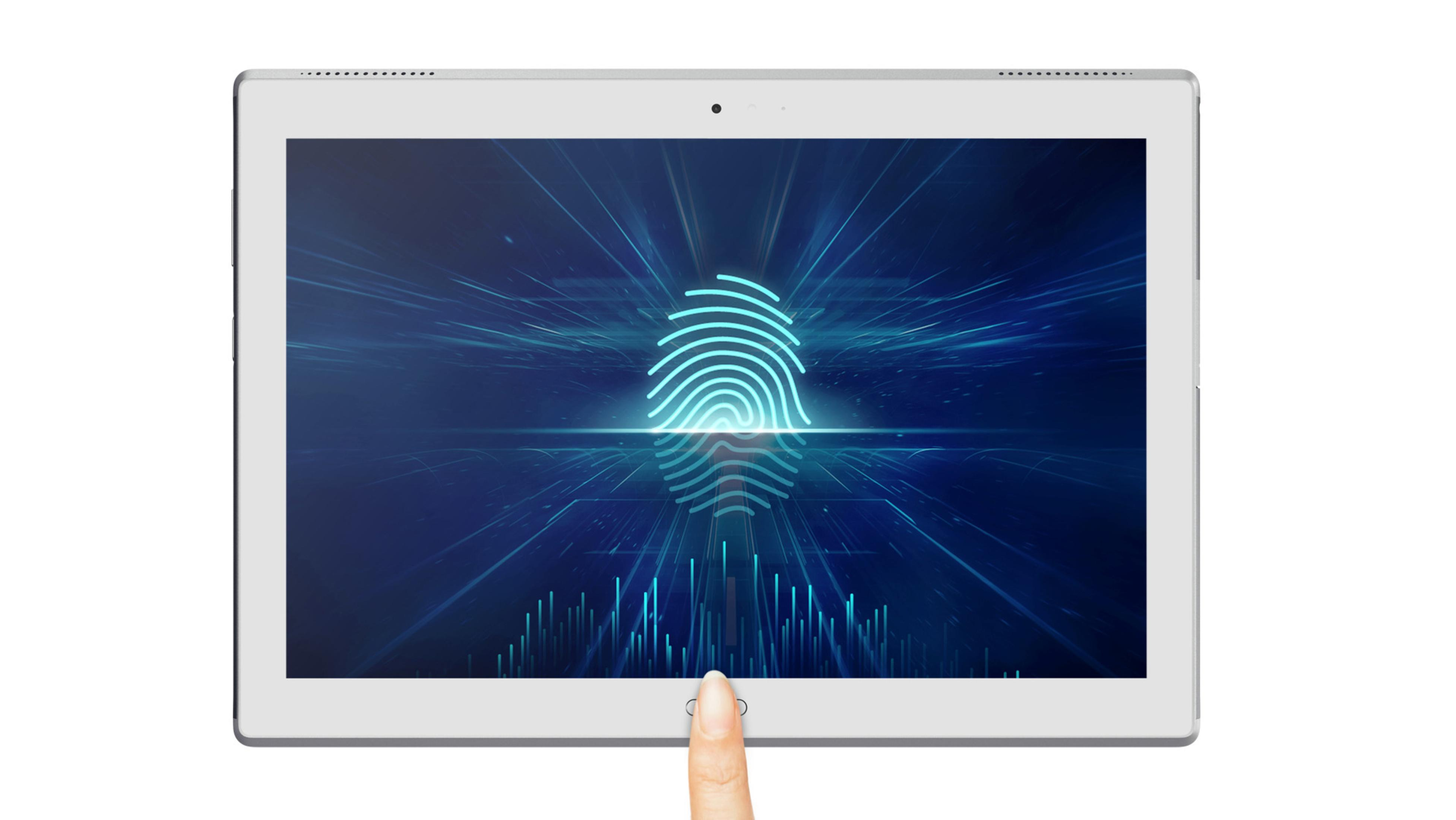 Tablet mit Fingerabdruckbild auf dem Bildschirm, Finger berührt den Bildschirm. Blauer Hintergrund.