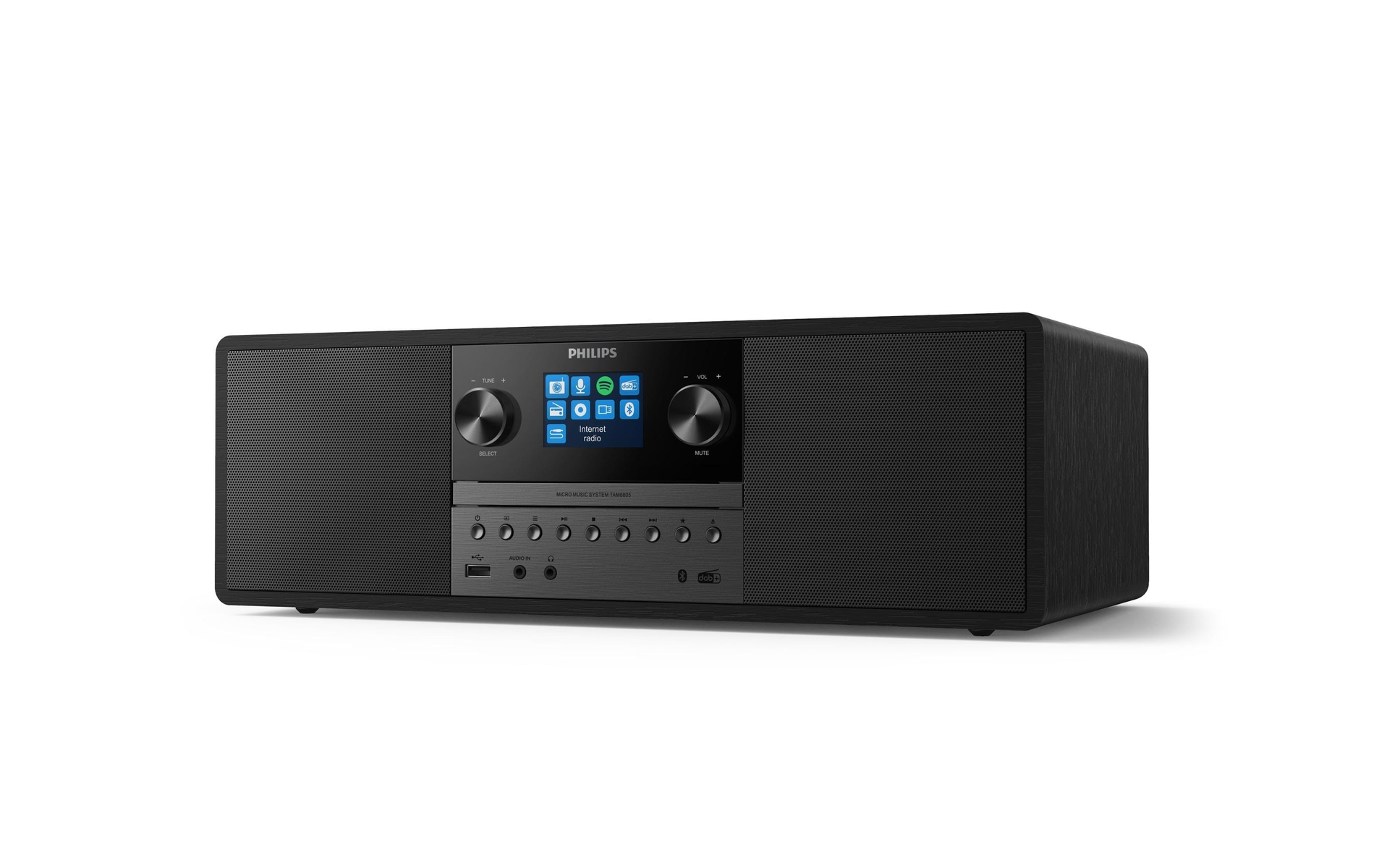 Czarny system audio Philips. Posiada ekran i przyciski. Widok z przodu.