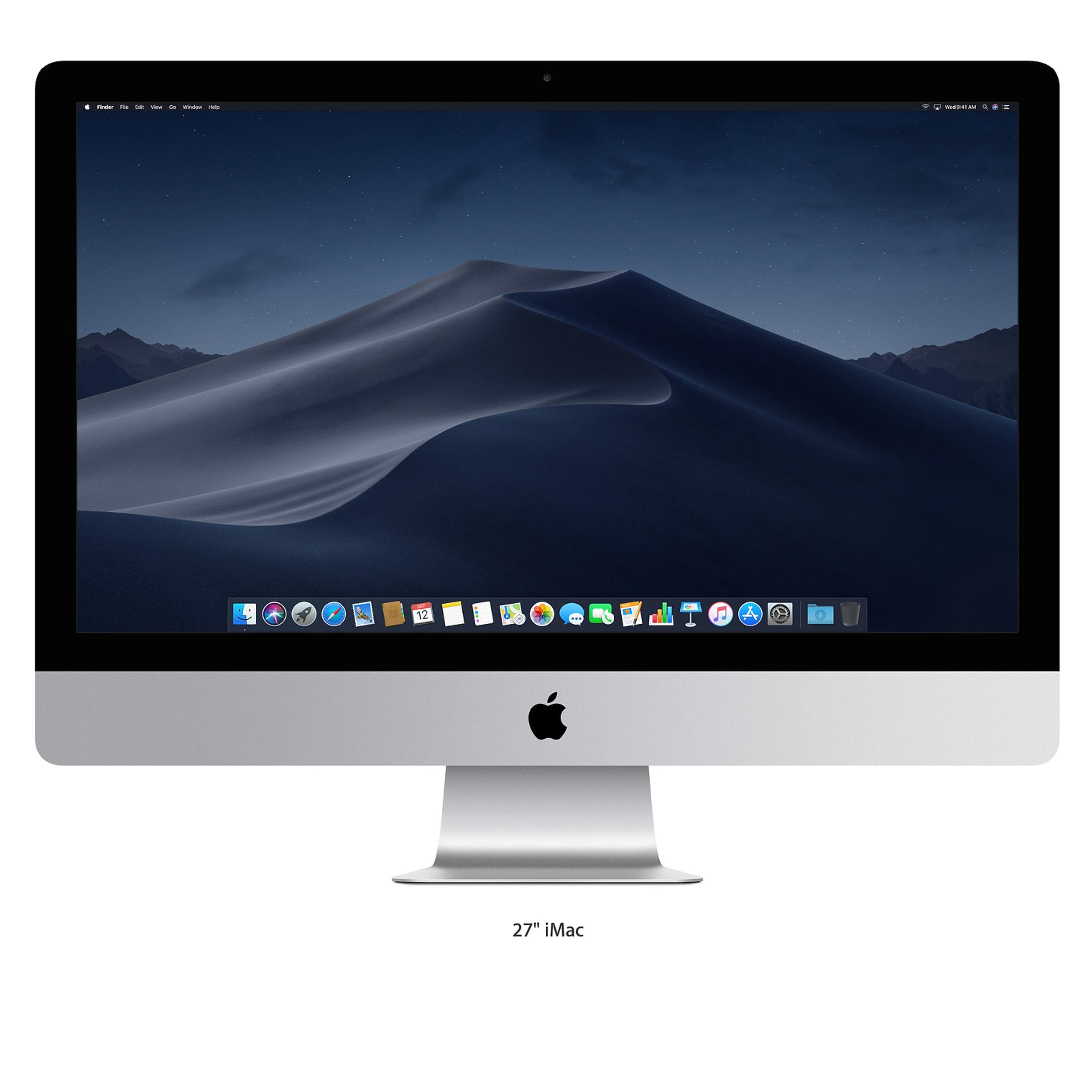 iMac da 27" con sfondo scuro. Lo schermo mostra una scena di montagna e deserto.