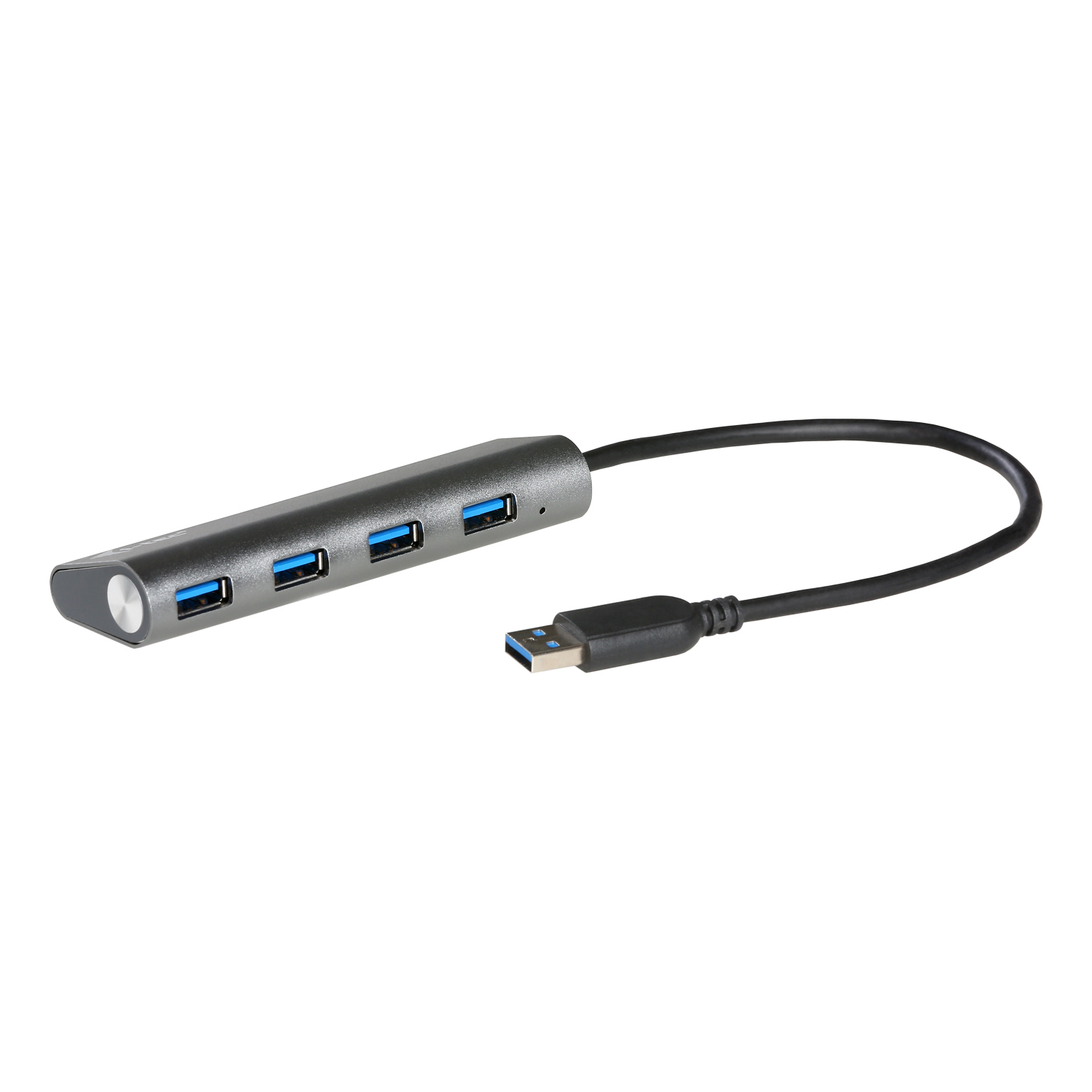 Hub USB avec 4 ports. Corps gris, ports bleus. Câble noir avec connecteur USB. Fond blanc.