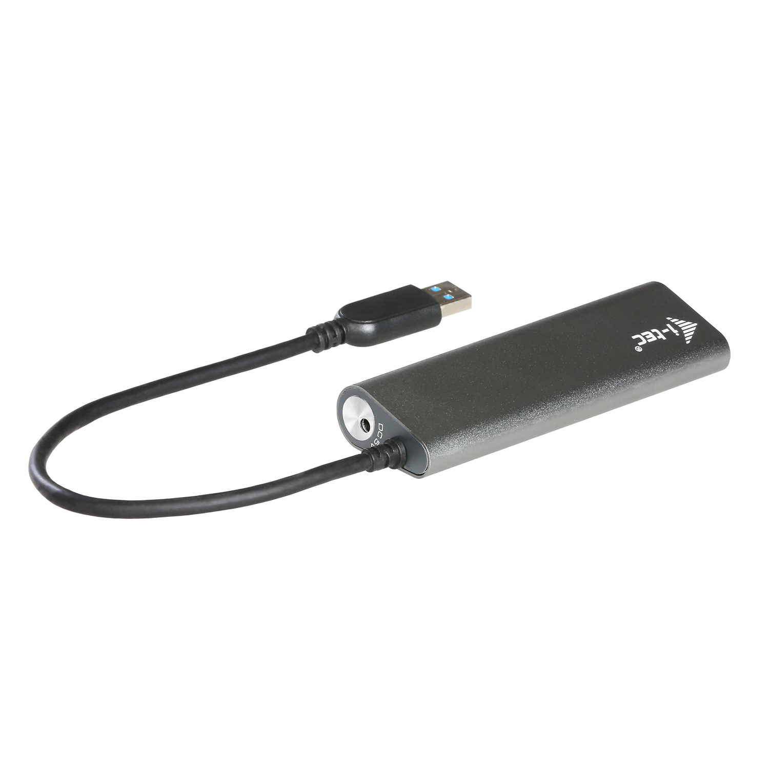 Un adaptateur USB-C noir avec un câble noir, isolé sur fond blanc.