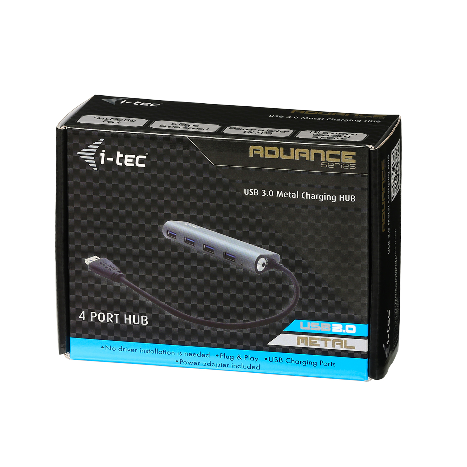 Boîte pour un hub de charge USB 3.0 Metal. Noir et gris avec texte blanc.