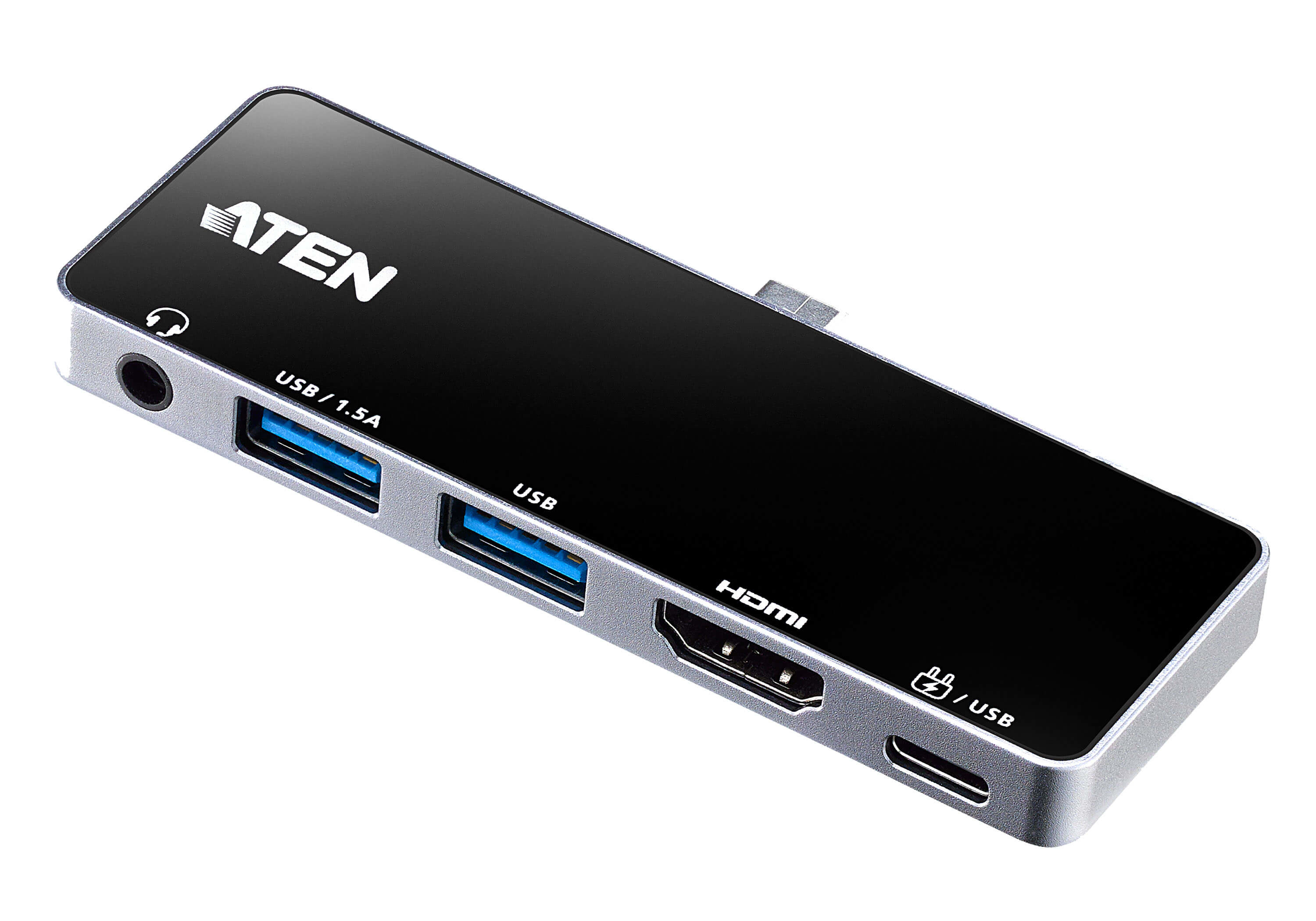 Schwarzer und silberner ATEN USB-Hub. Er hat mehrere USB-Anschlüsse und HDMI.