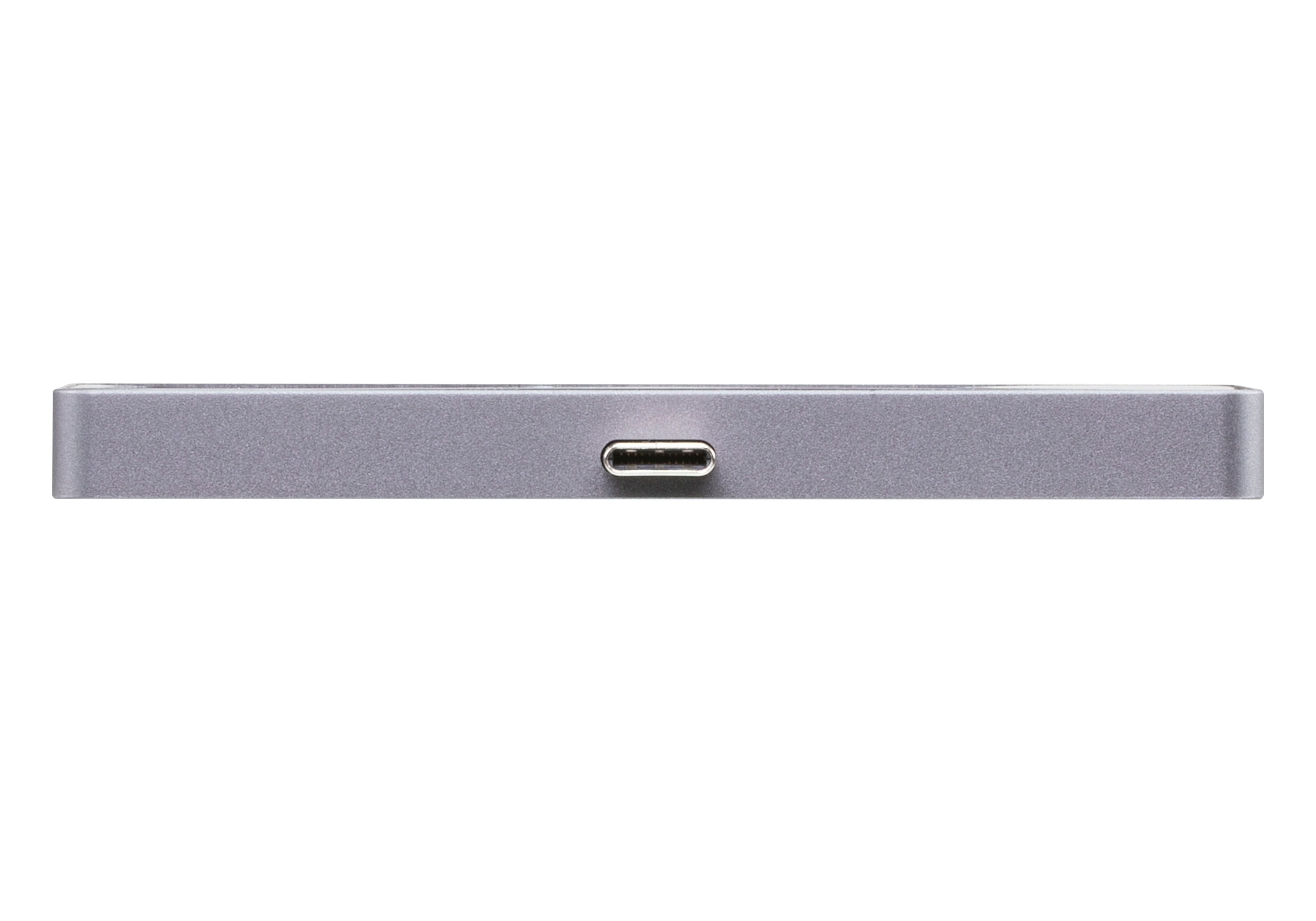 Silberner USB-C-Hub, Draufsicht. Hat einen einzigen Anschluss.