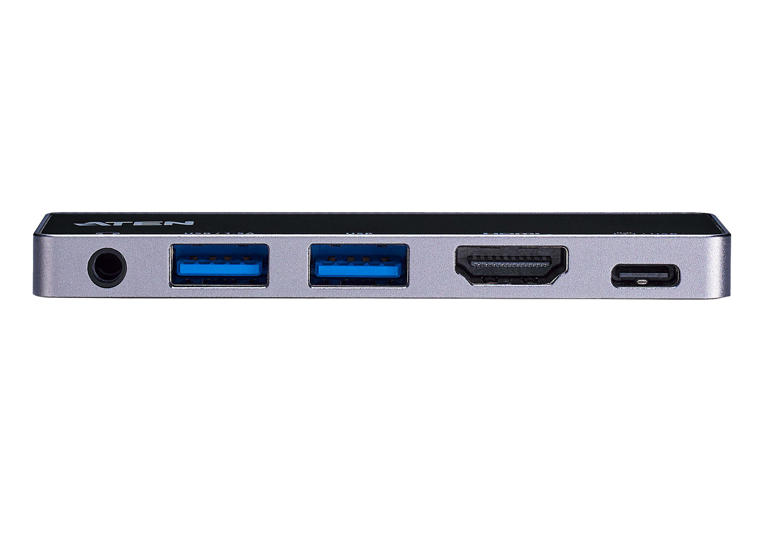 Silberner ATEN USB-Hub mit mehreren Anschlüssen, einschließlich USB, HDMI und USB-C. Weißer Hintergrund.